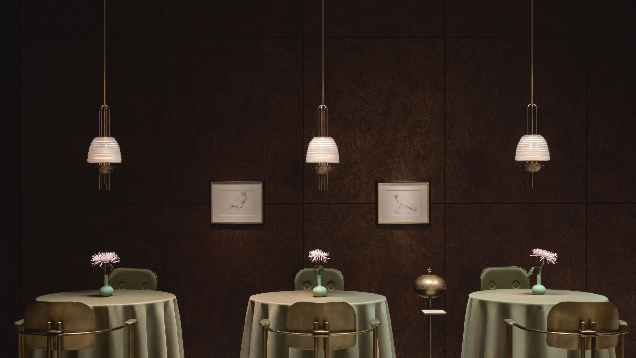 EPISODE armchairs set at three circular dining tables with SIGNAL : X ceiling pendants hanging overhead. 