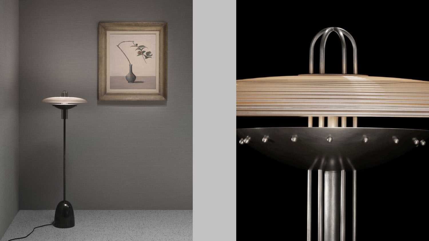 A SIGNAL : Y floor lamp is standing in front of a framed painting, alongside a close up image of a SIGNAL : Y floor lamp showing details of the Tarnished Silver finish and Smoked Glass. 