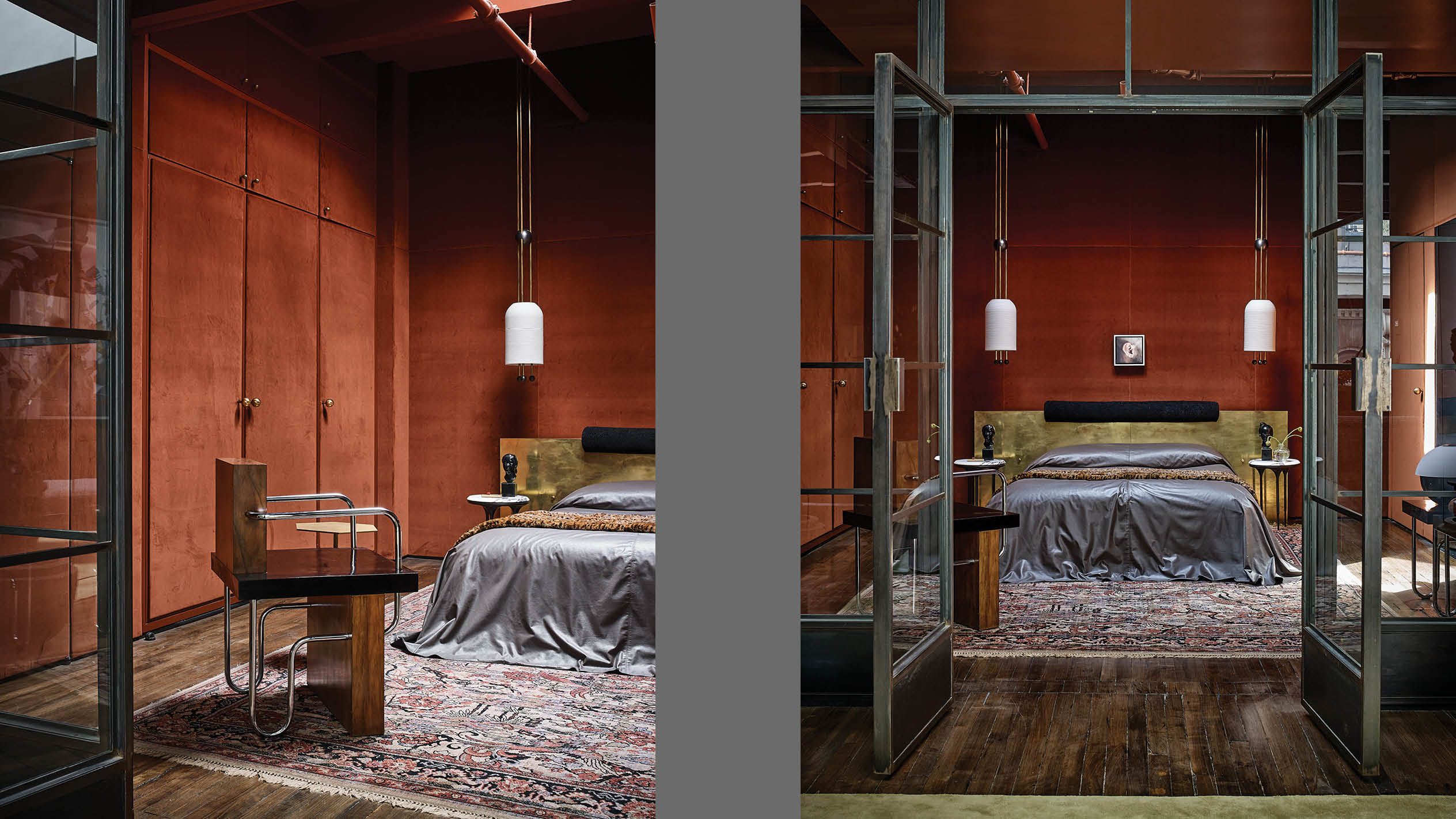 A pair of LANTERN ceiling pendants hanging either side of a bed at the 20th Street residence.