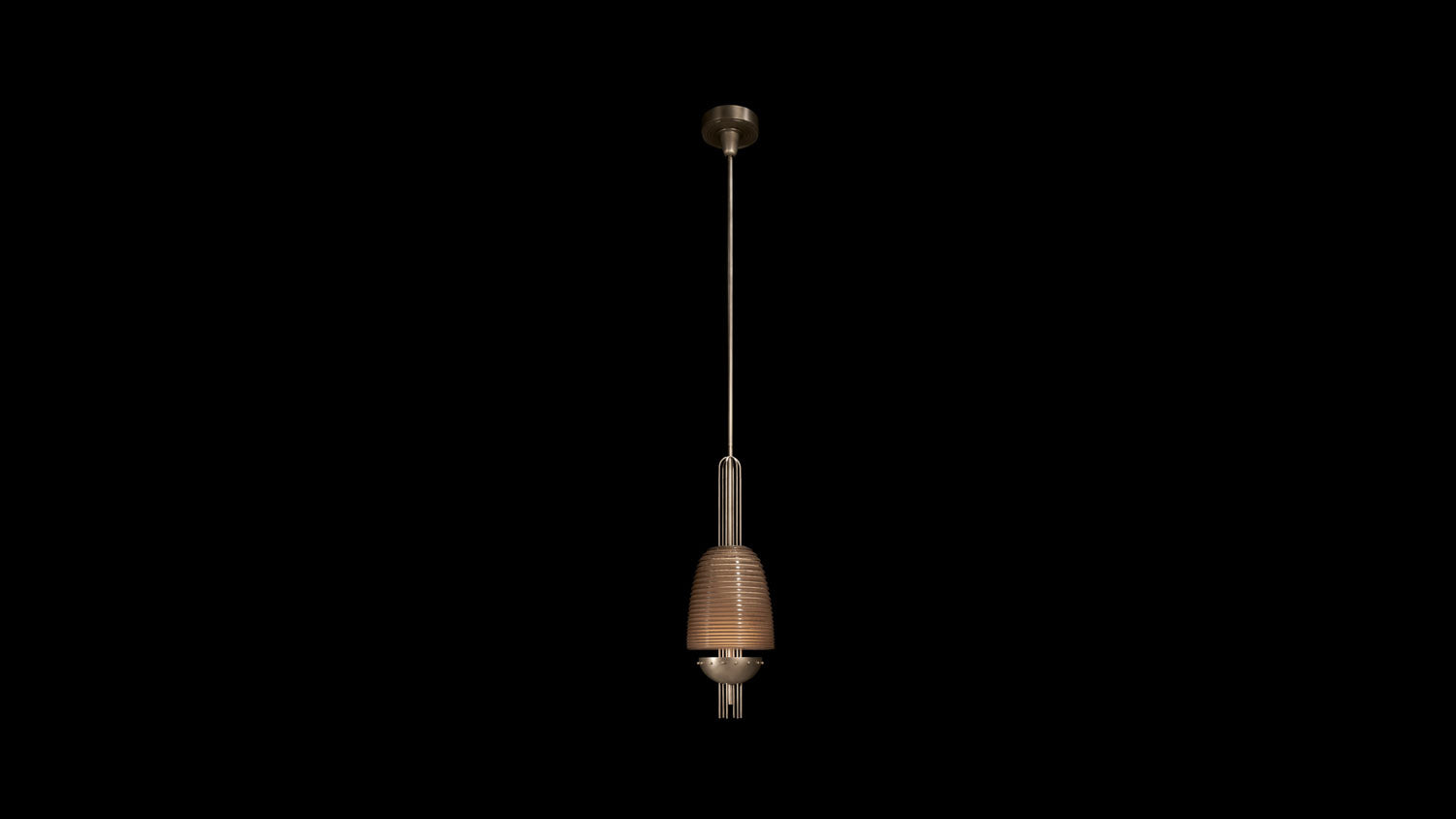 SIGNAL : X ceiling pendant in Tarnished Silver with Smoked Glass, against a black background. 