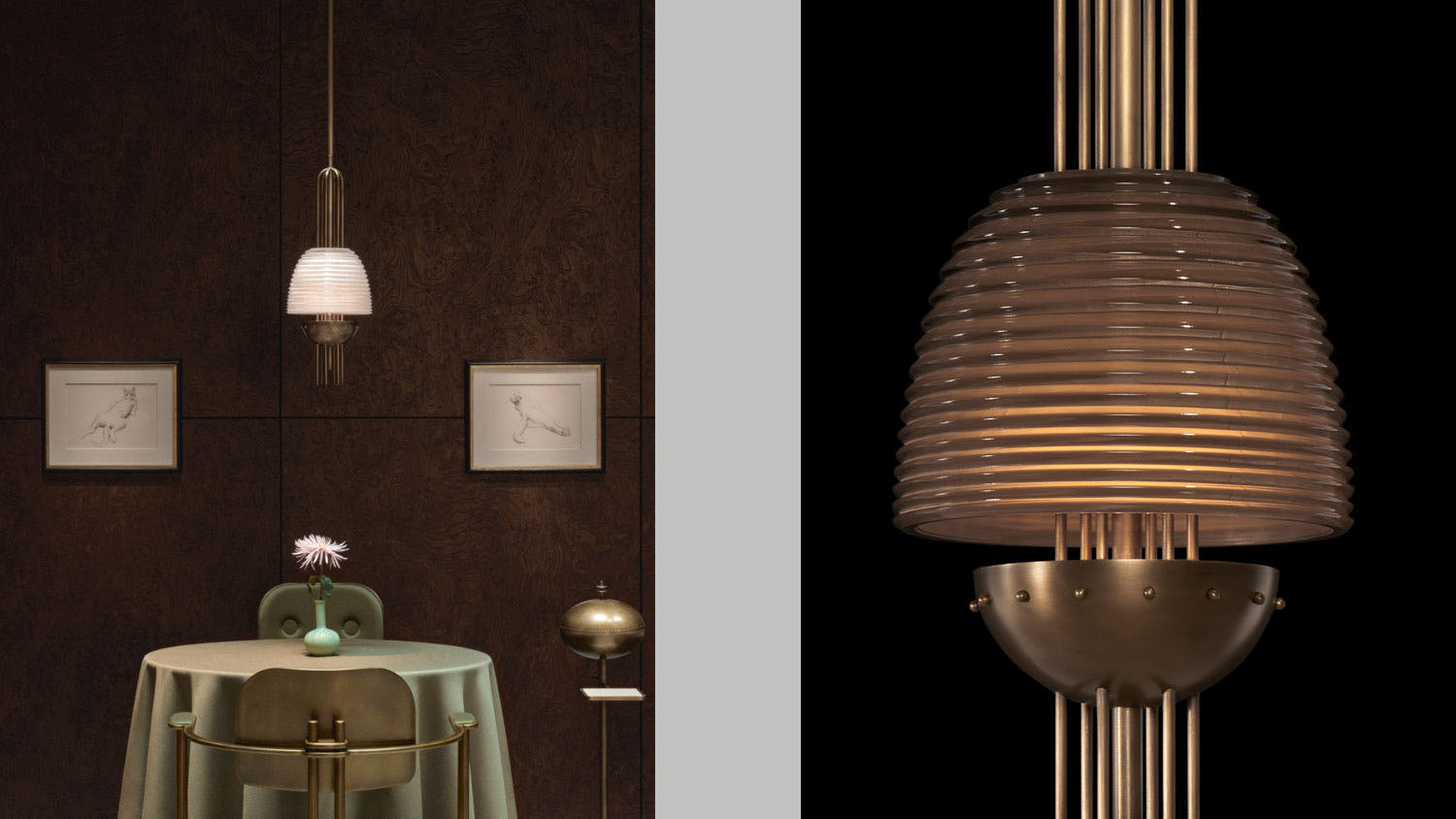 A SIGNAL : X ceiling pendant hangs over a circular dining table with EPISODE armchairs either side, alongside a close up of another ceiling pendant chowing details of the Aged Brass and Smoked Glass. 