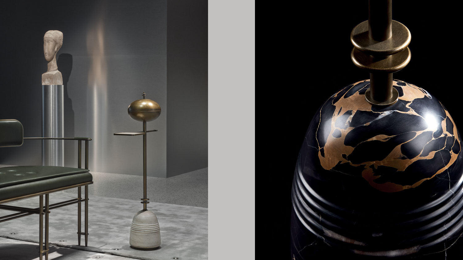 A STANDBY table used for burning incense next to an EPISODE settee, alongside a close up image of the base of a STANDBY smoking table in Nero Portoro Marble. 