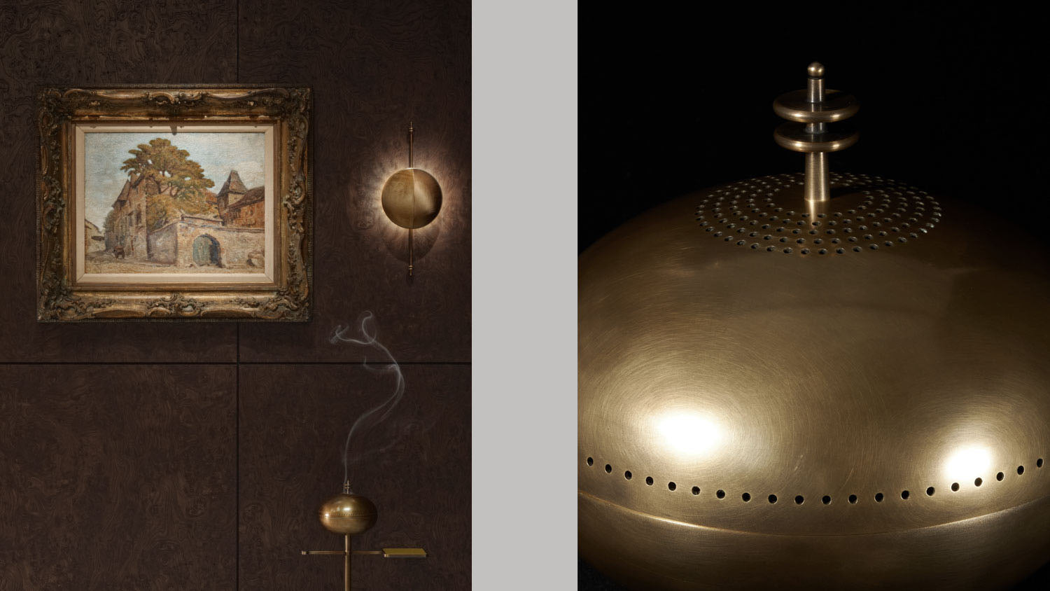 A STANDBY smoking table burning incense underneath a STARLET wall sconce and vintage framed artwork, alongside a close up image of a STANDBY smoking table showing details of the Aged Brass.