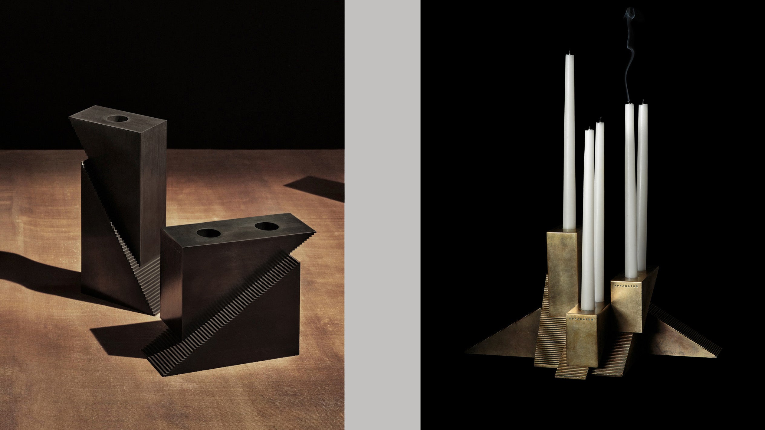 A pair of CANDLE BLOCKS in Blackened Brass finish on a wooden surface alongside an image of a trio of Aged Brass CANDLE BLOCKS with white candlesticks.