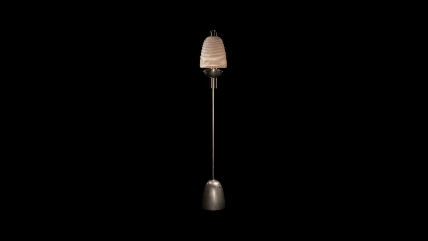 SIGNAL : X floor lamp is Tarnished Silver with Clear Glass, against a black background. 