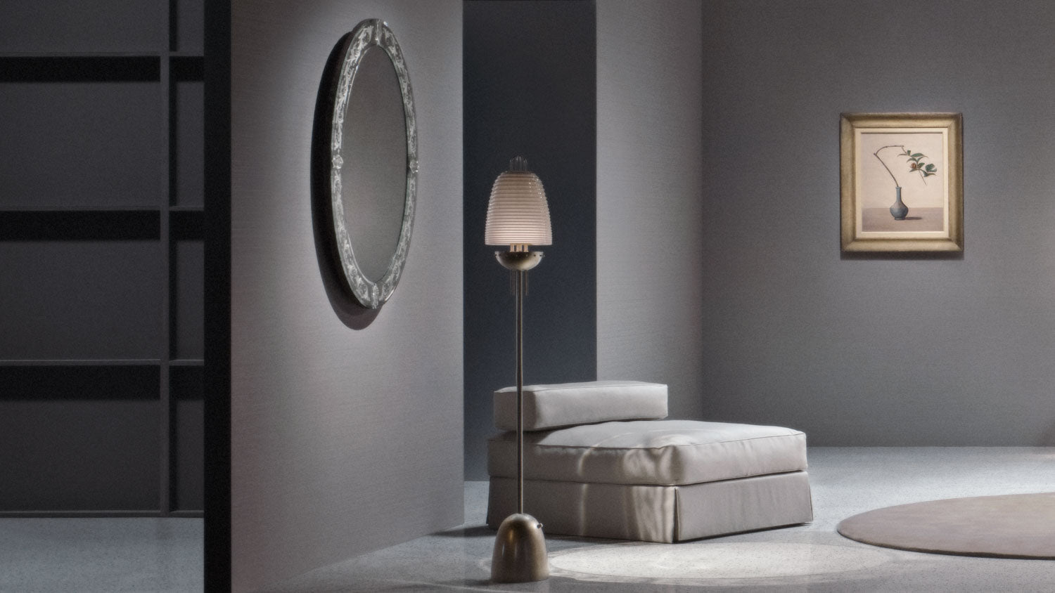 SIGNAL : X floor lamp in Tarnished Silver with Clear Glass in front of a mirror in a living room. 