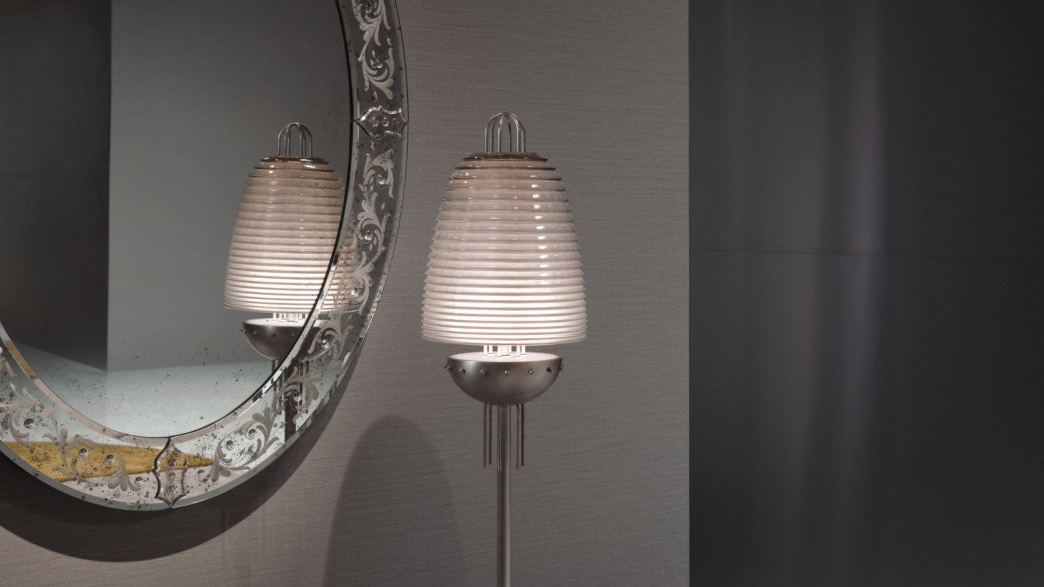 Close up of SIGNAL : X showing details of the Clear Glass and Tarnished Silver finish.