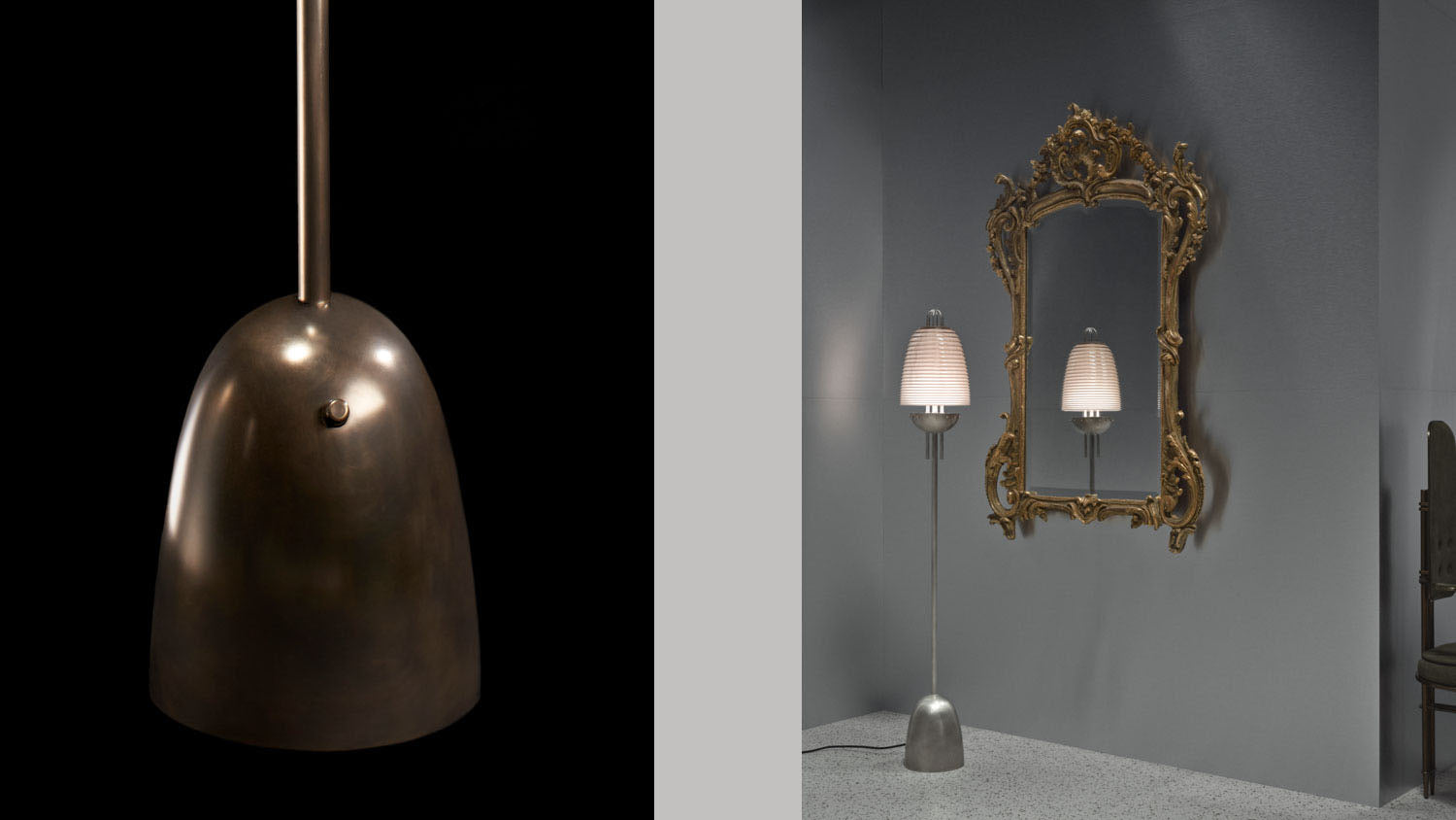 Close up of the base of the SIGNAL : X floor lamp showing details of the Oil-Rubbed Bronze finish, alongside another image of the floor lamp in Tarnished Silver with Smoked Glass, standing in front of an ornate gold mirror. 