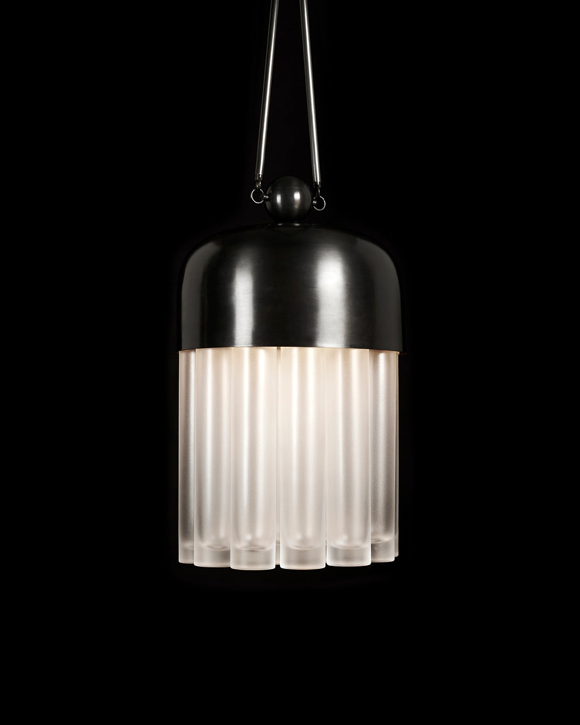 TASSEL : 19 ceiling pendant in Tarnished Silver finish, hanging against a black background. 