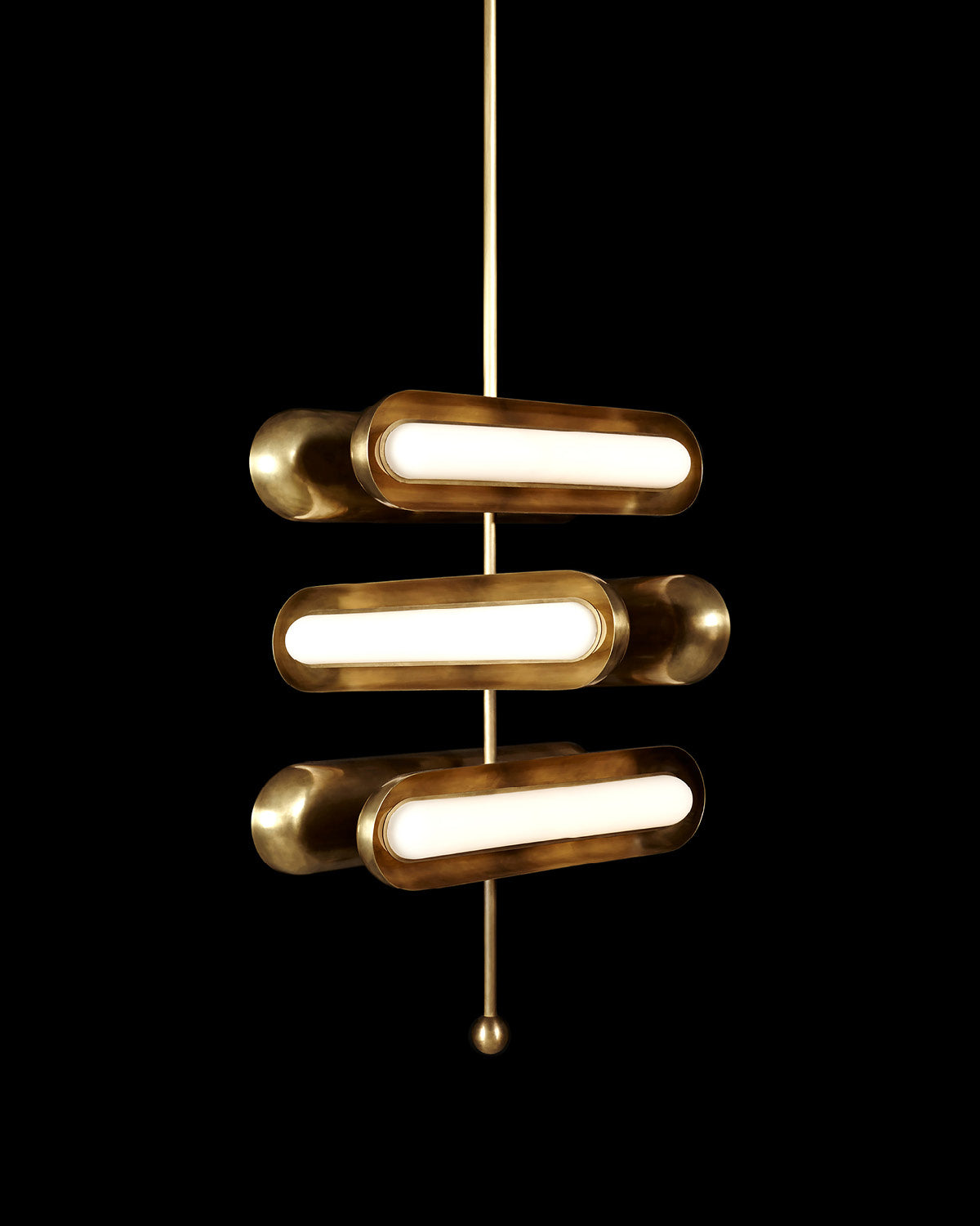 CIRCUIT : 6 ceiling pendant in Aged Brass finish, hanging against a black background. 