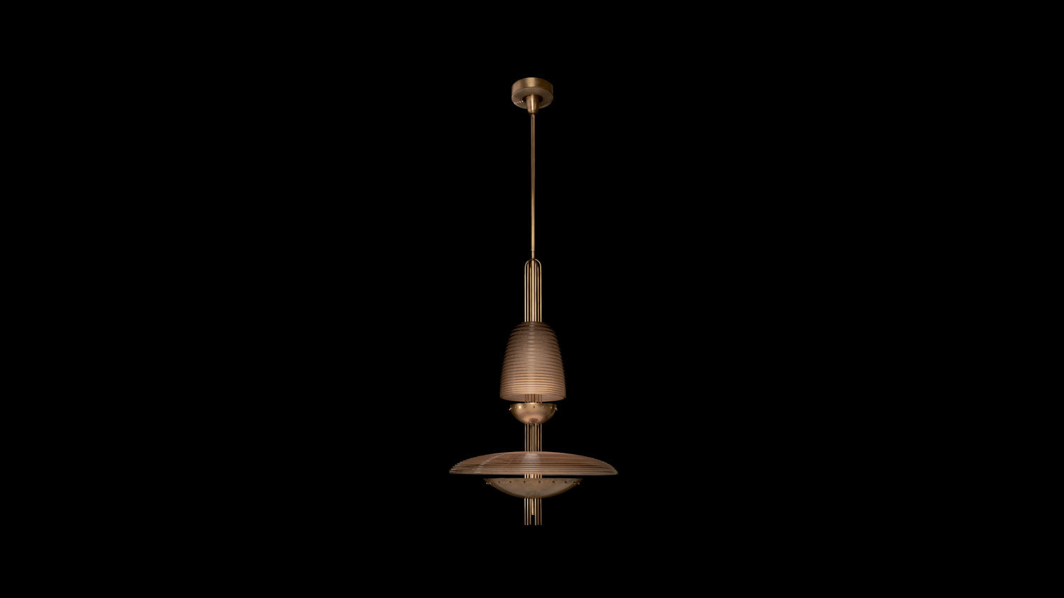 SiGNAL : Z ceiling pendant in Aged Brass with Smoked Glass, against a black background. 