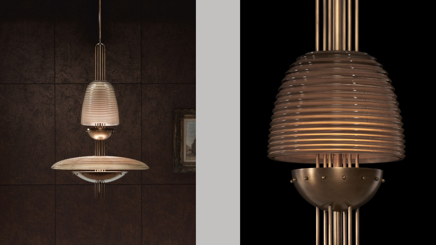 SIGNAL : Z ceiling pendant in Aged Brass with Smoked Glass, alongside a close up image of the same ceiling pendant showing details of the finish. 