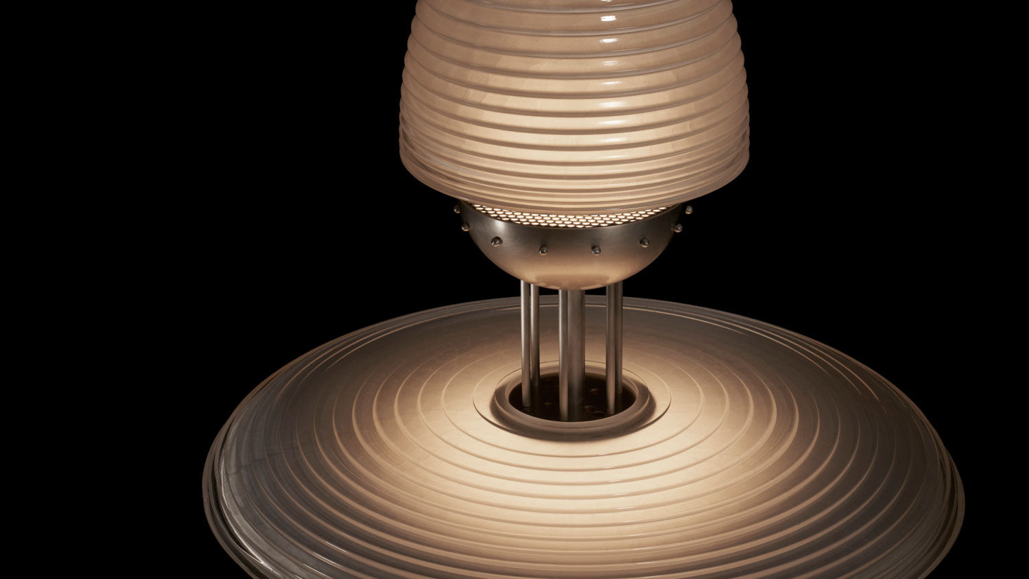 Close up of an illuminated SIGNAL : Z ceiling pendant showing details of the Tarnished Silver finish and Smoked Glass.