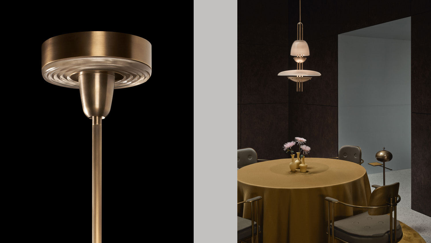 Close up of the canopy of a SIGNAL : Z ceiling pendant showing details of the Aged Brass finish, alongside another image of the same ceiling pendant hanging above a small circular dining table. 