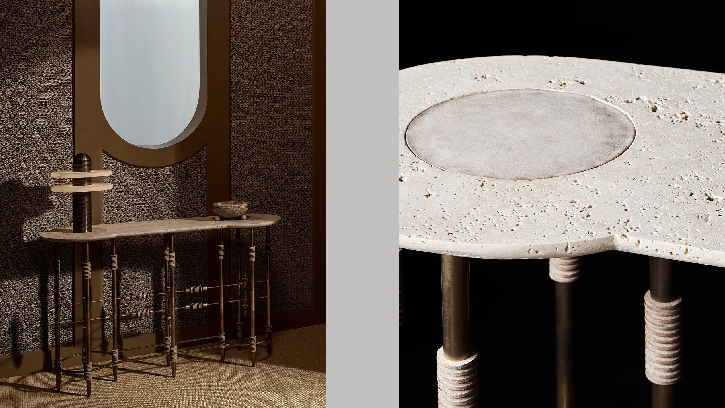 A PARS console table decorated with a table lamp and an object used for burning incense, alongside a close up image showing details of the Travertine Stone, Bisque Leather and Aged Brass finish. 