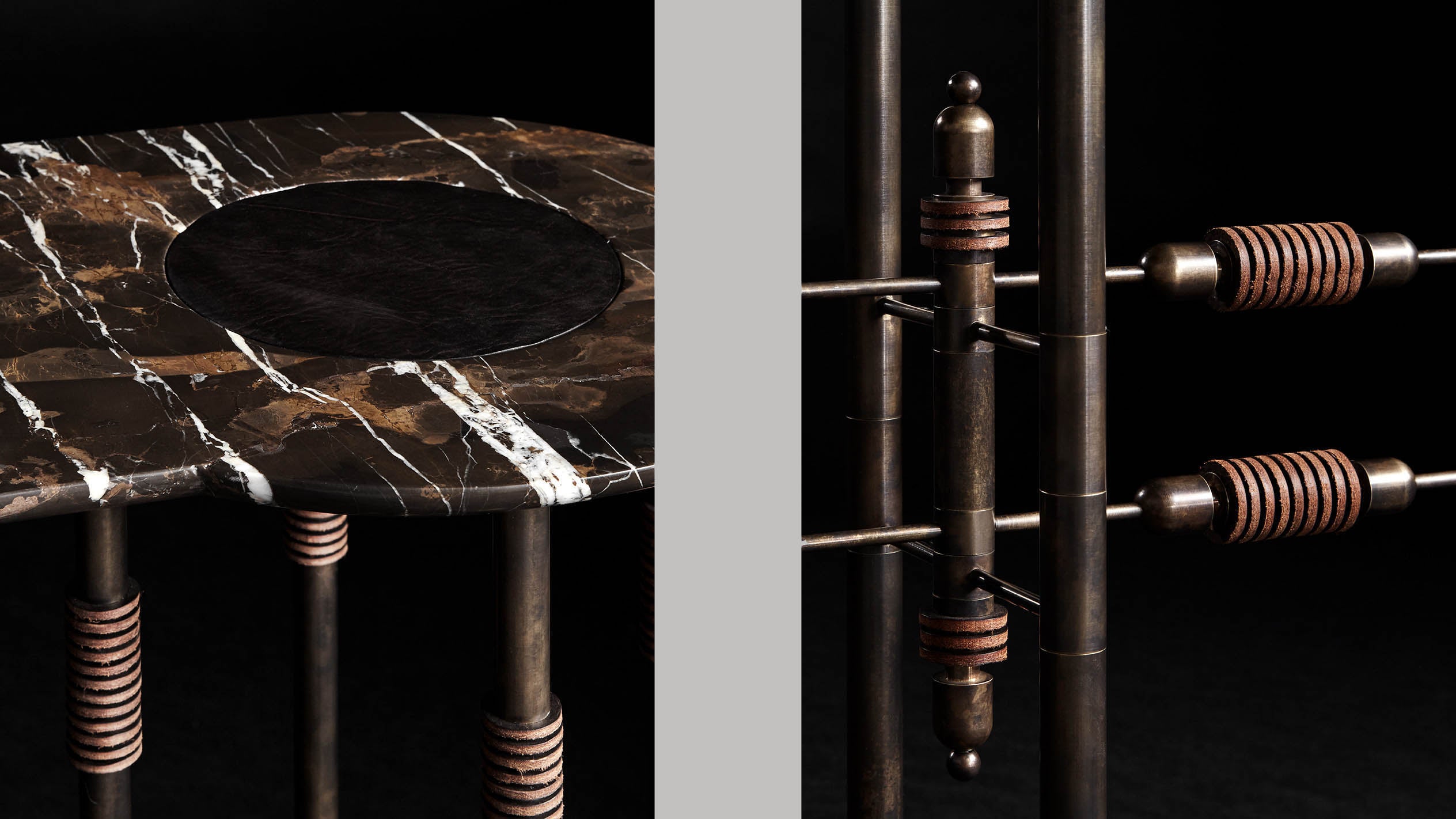 Close ups of the PARS console table showing details of the Nero Gold Marble, Ebene Leather and Oil-Rubbed Bronze finish. 