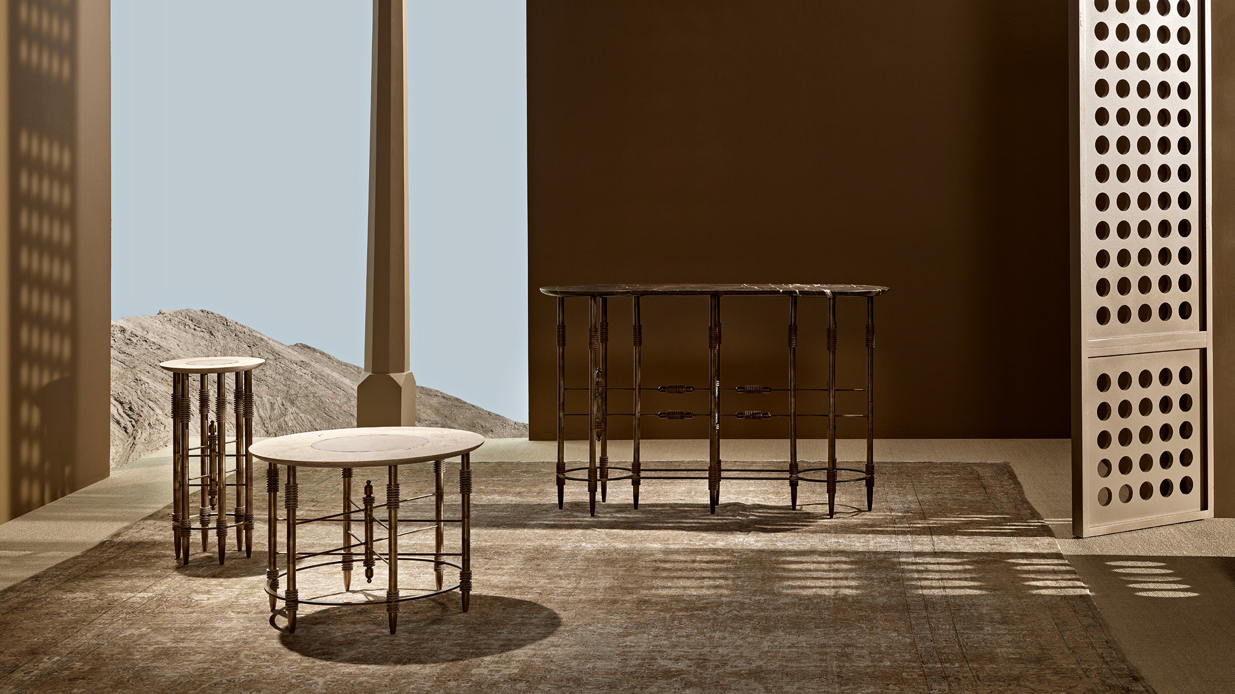 A trio of PARS tables in an assortment of colorways arranged on a rug. 