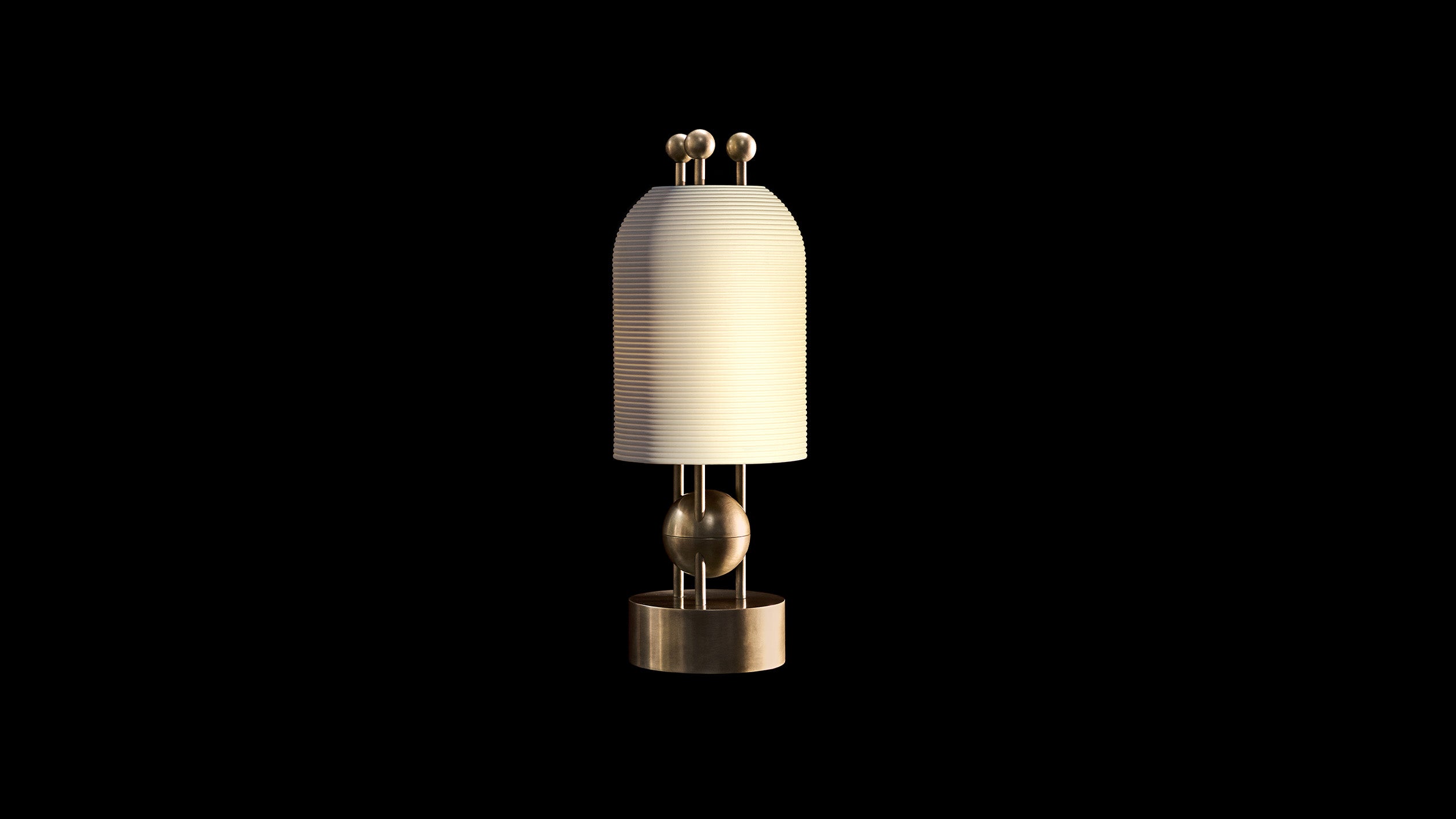 LANTERN table lamp in Tarnished Silver finish on a black surface. 