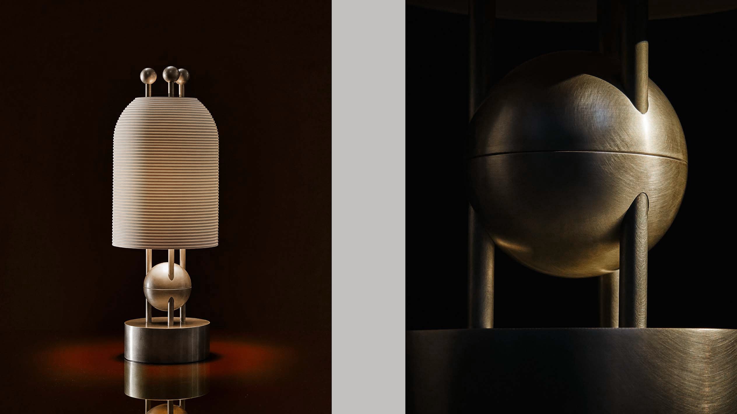 LANTERN table lamp in Tarnished Silver / Aged Brass finish, alongside a close up image showing details of the metal finish. 