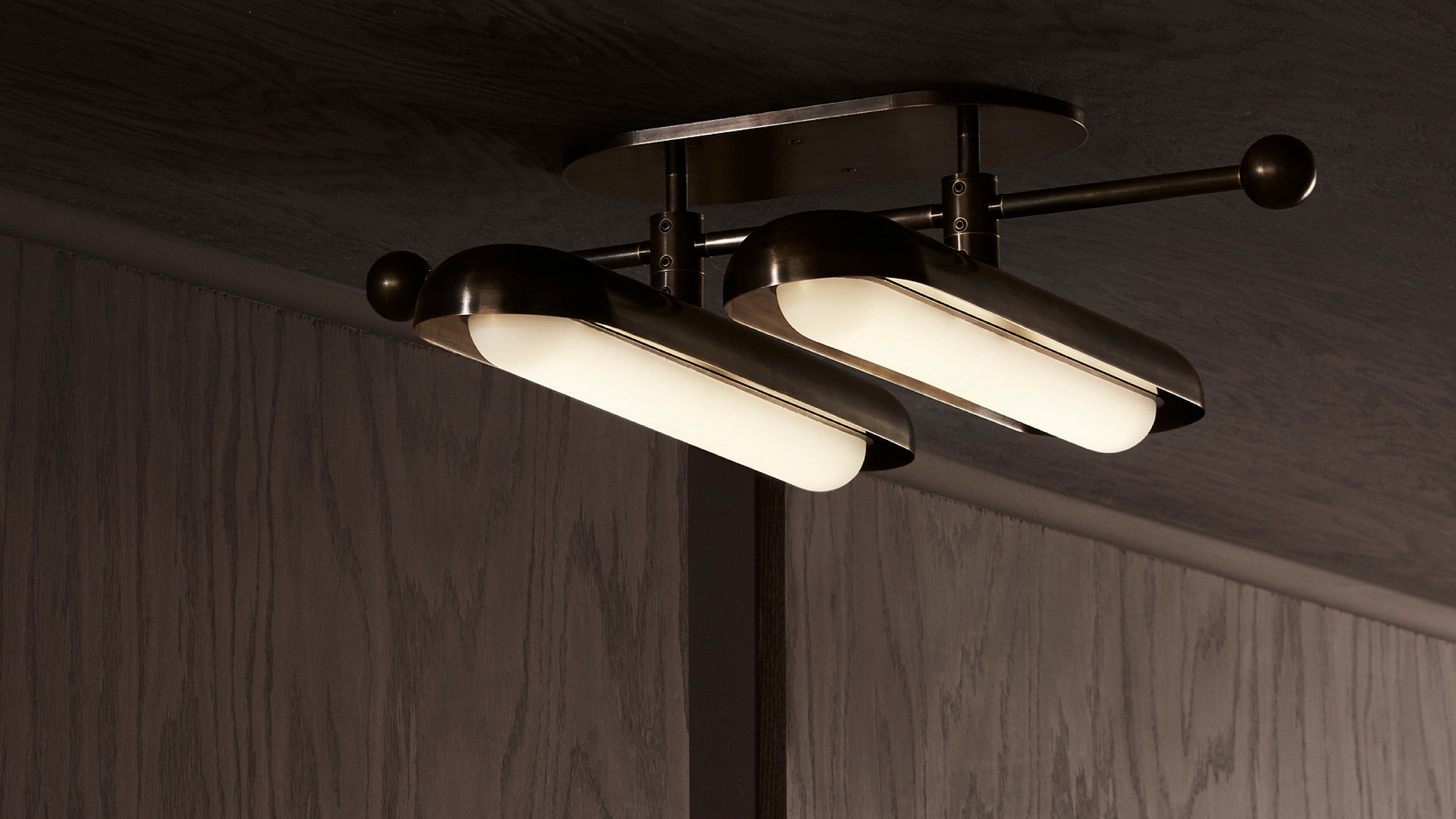 CIRCUIT : 2 surface light in Oil Rubbed Bronze mounted to a ceiling.
