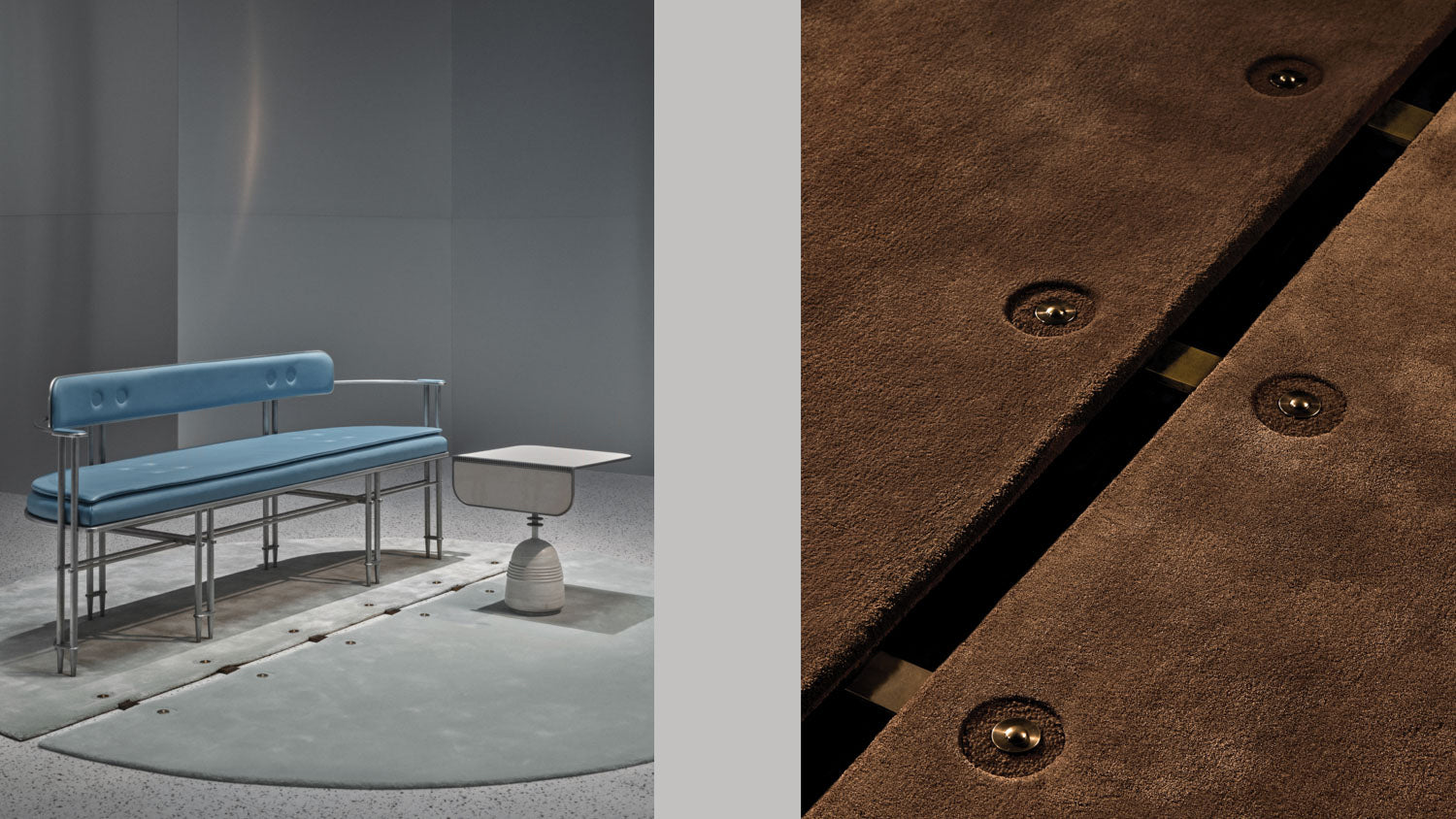 An EPISODE settee and STANDBY side table on top of a SEQUENCE rug, alongside a close up image of the modular rug system. 