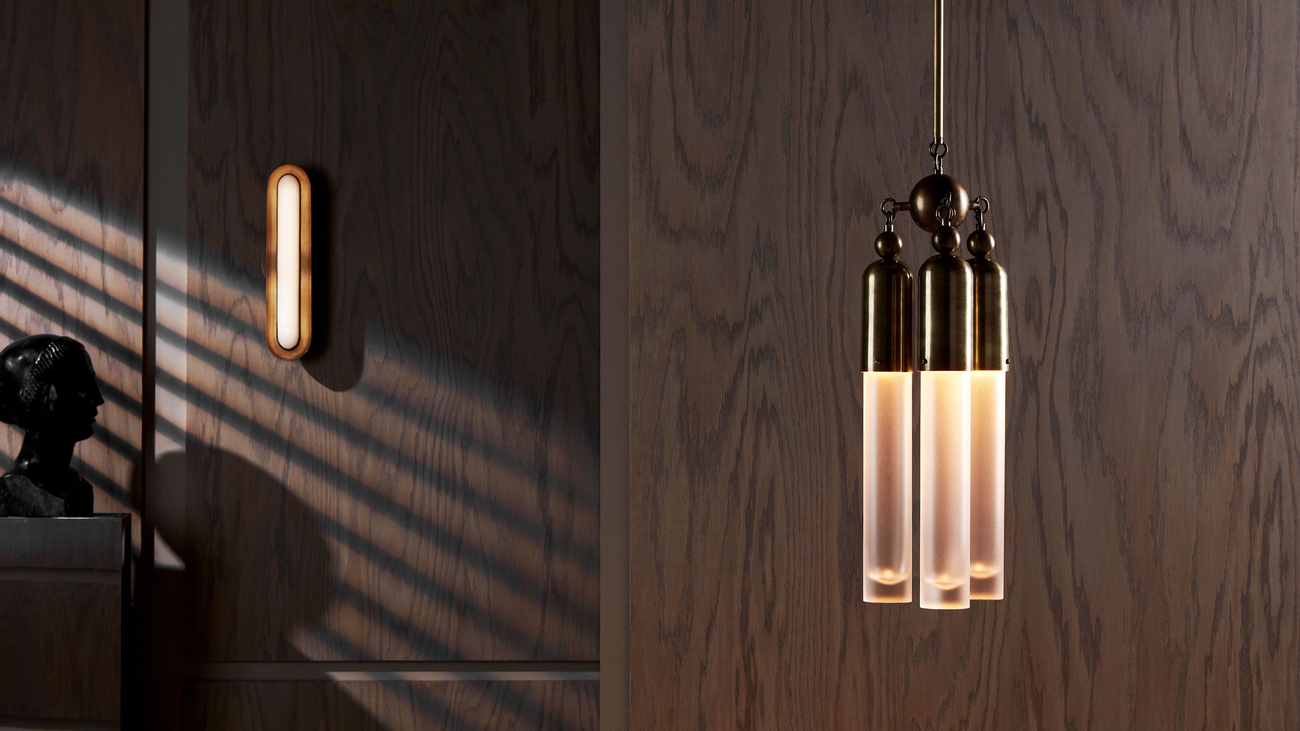 A CIRCUIT : 1 surface light mounted on a wall in the background, with a TASSEL : 3 pendant light hanging in the foreground. 