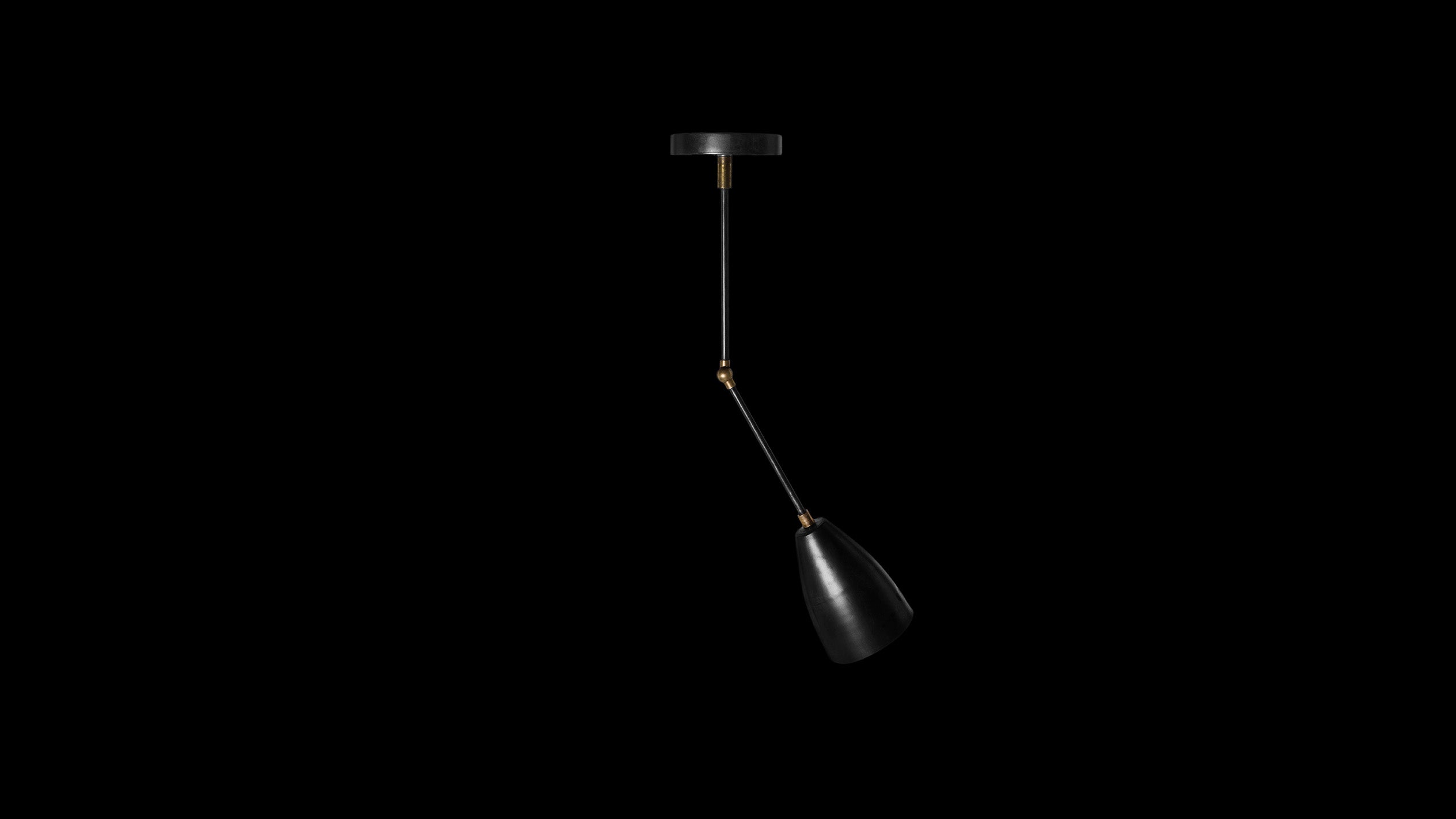 TWIG : 1 articulating downlight in Blackened Brass and Aged Brass, mounted to a black ceiling. 
