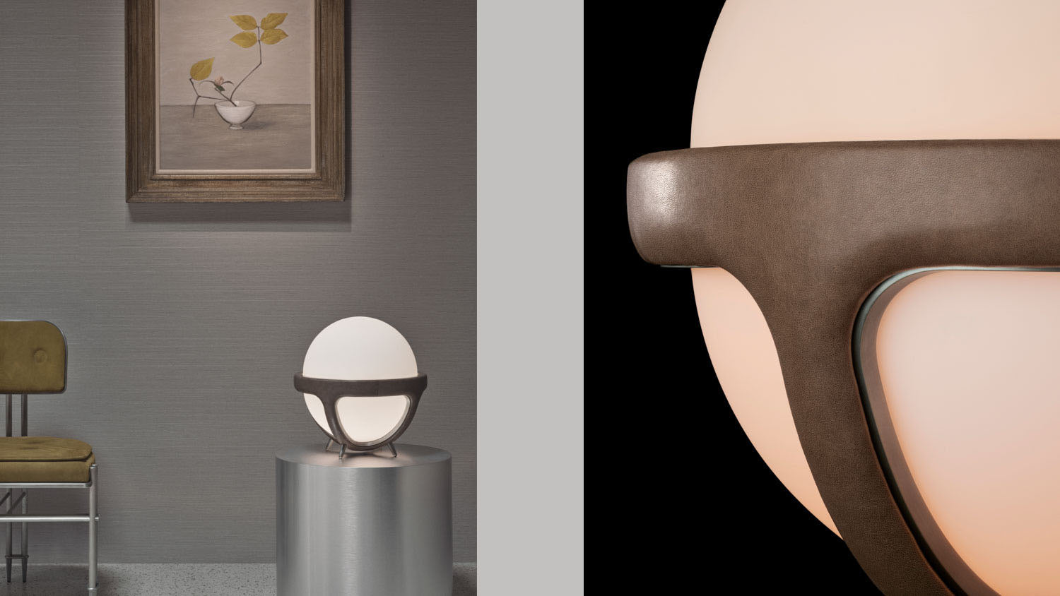 A REPRISE table lamp sits on a metal pillar, alongside another image of the table lamp showing details of the Taupe Leather and Tarnished Silver.