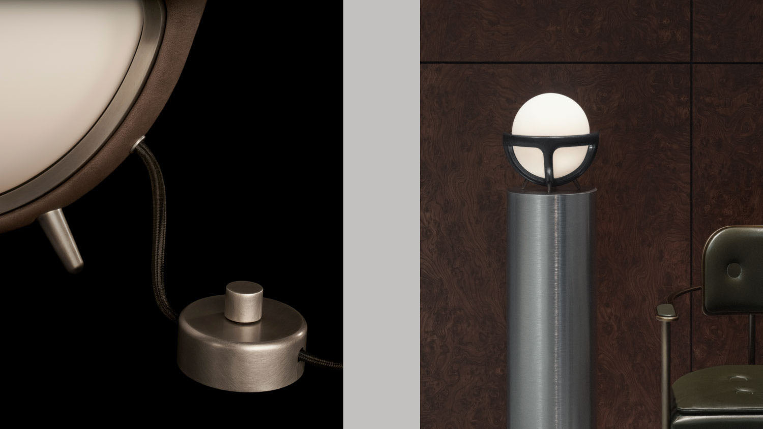 Close up of the REPRISE table lamp's switch, alongside another image of a table lamp on a metal pillar positioned next to an EPISODE arm chair. 