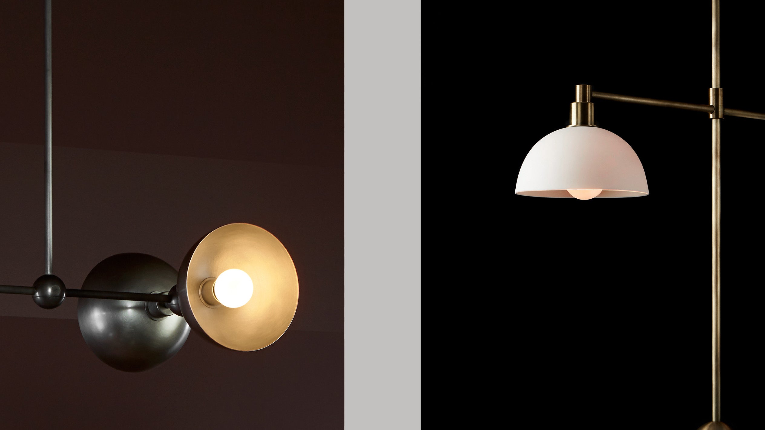 Close ups of TRAPEZE : 4 MOBILE ceiling pendant showing details of the Tarnished Silver finish, Aged Brass finish and Porcelain bowls. 