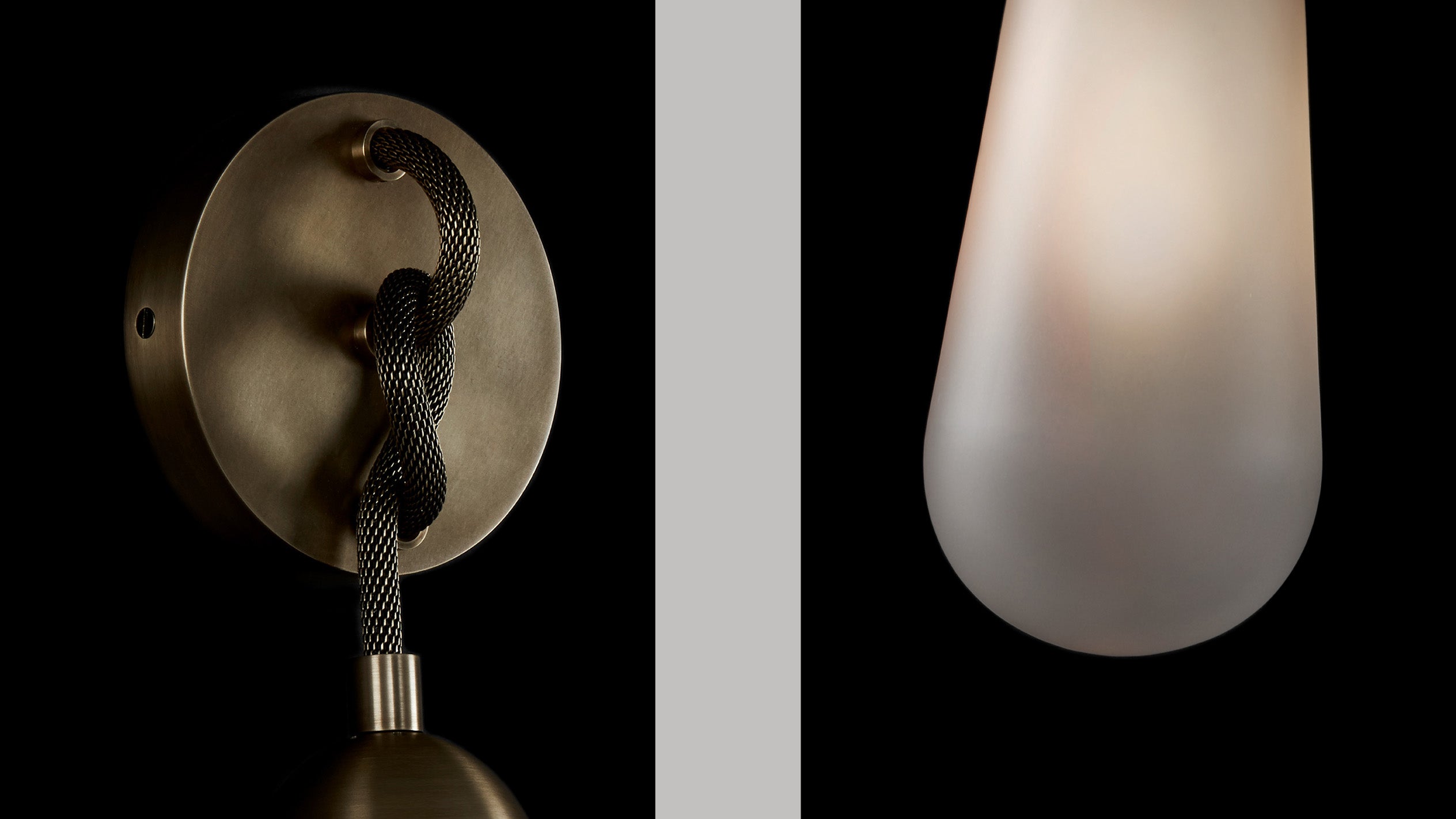 Close ups of a LARIAT wall sconce showing details of the Aged Brass finish, chain and glass. 