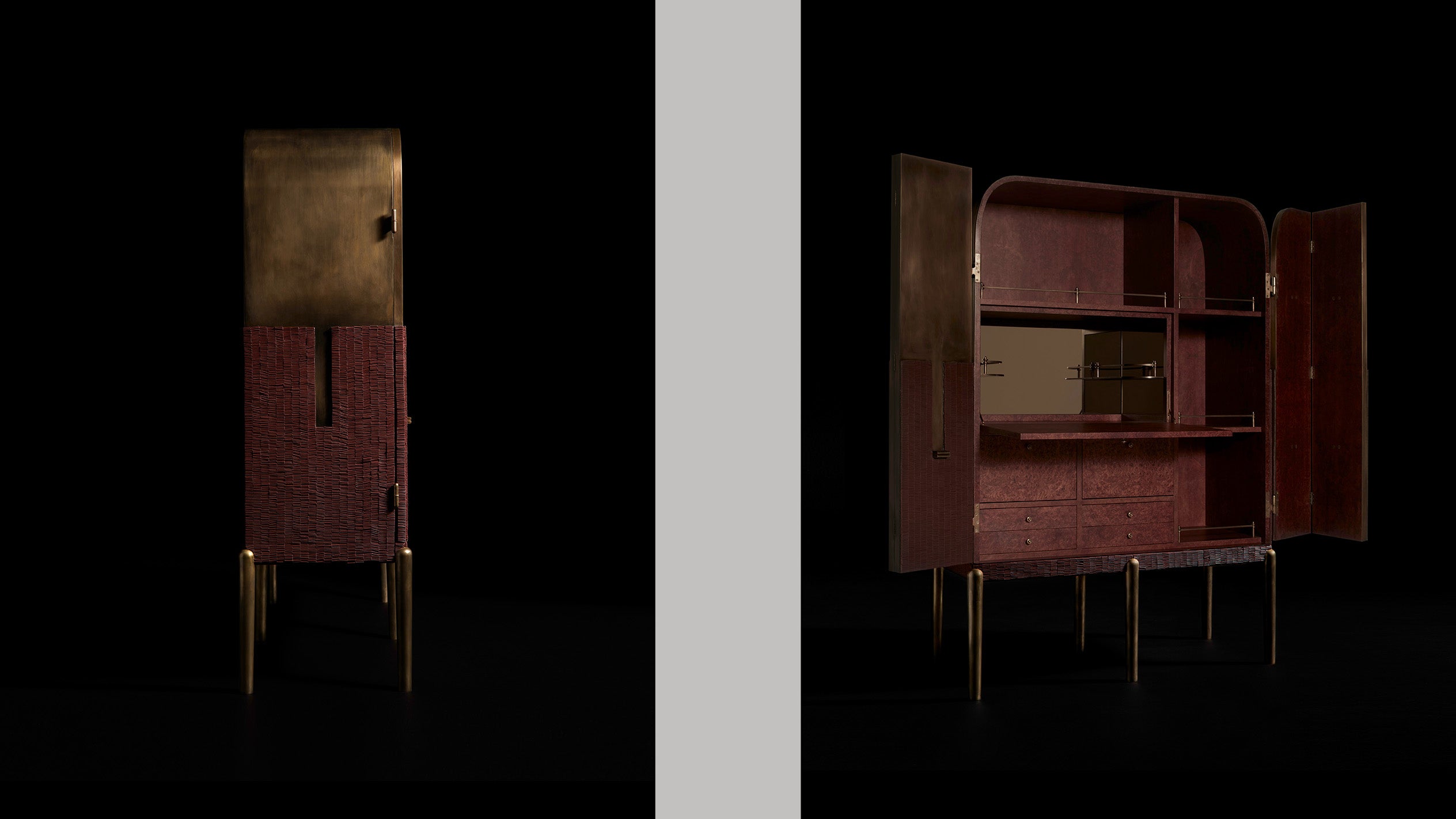 INTERLUDE cabinet from the side view, alongside another image of INTERLUDE cabinet with one of its doors open.