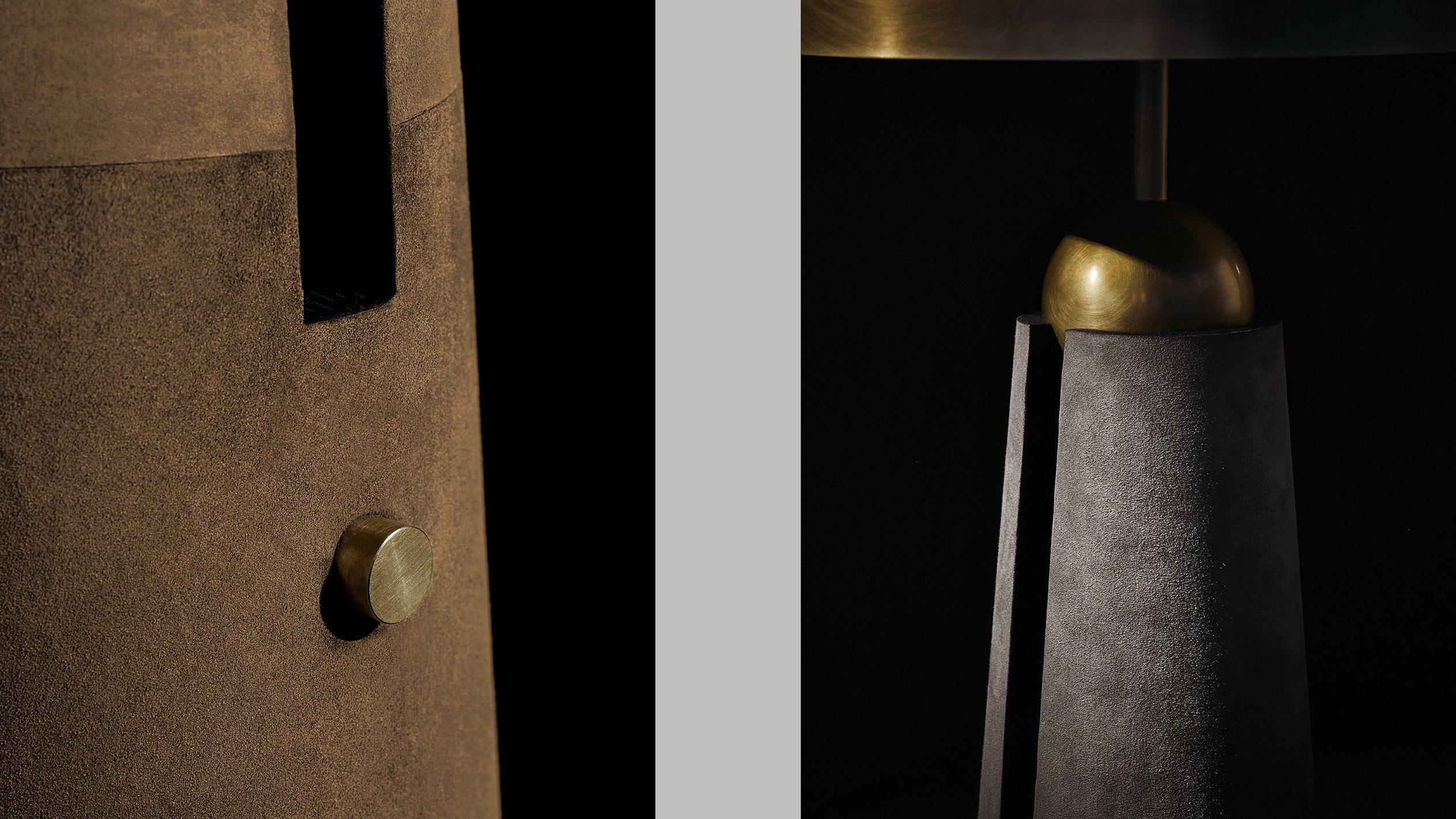 Close ups of 2 METRONOME floor lamps showing details of the Aged Brass finish, Bronze Suede and Pewter Suede. 