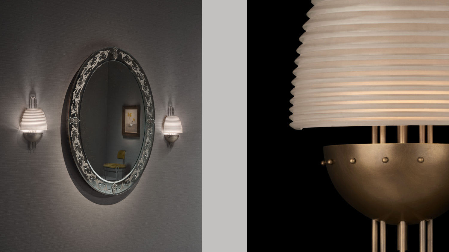Two SIGNAL : X sconces are mounted to a wall either side of a circular mirror, alongside a close up of another SIGNAL : X sconce showing details of the Aged Brass and Smoked Glass. 