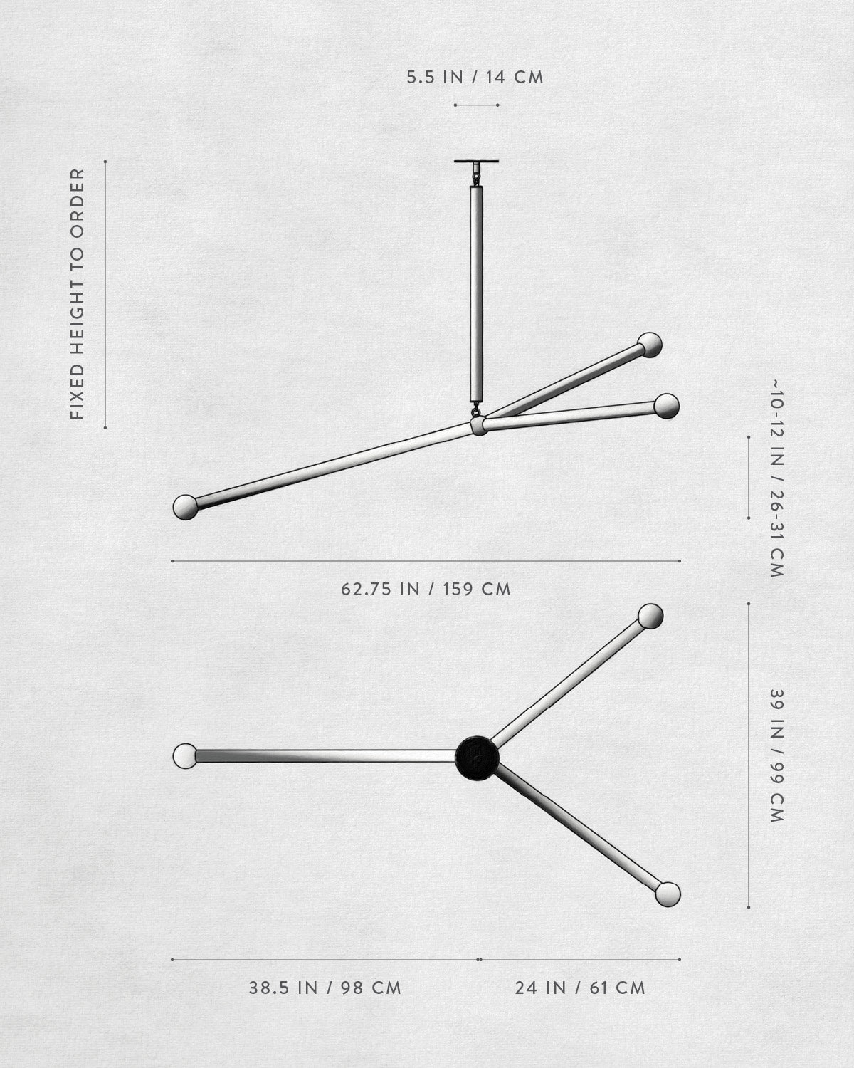 Technical drawing of ARROW : LARGE ceiling pendant.