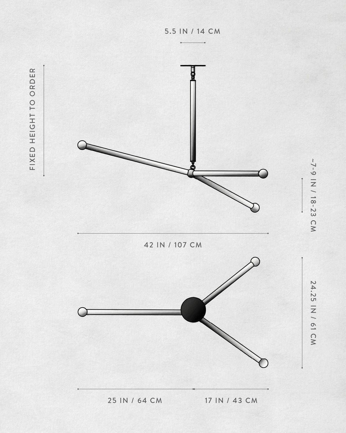 Technical drawing of ARROW : SMALL ceiling pendant.