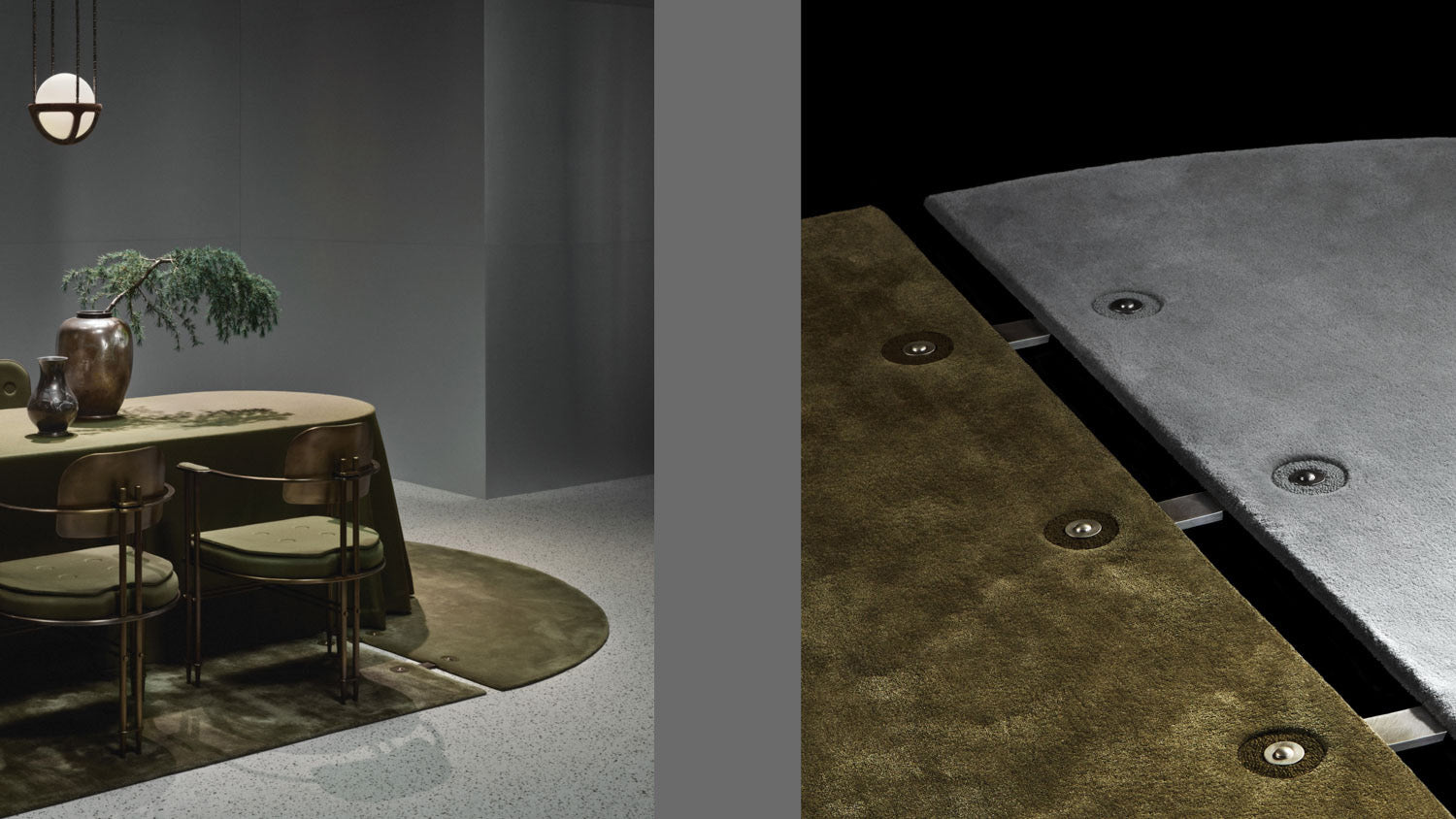 A dining table and chairs on a modular rug, alongside a close up image of the rug.