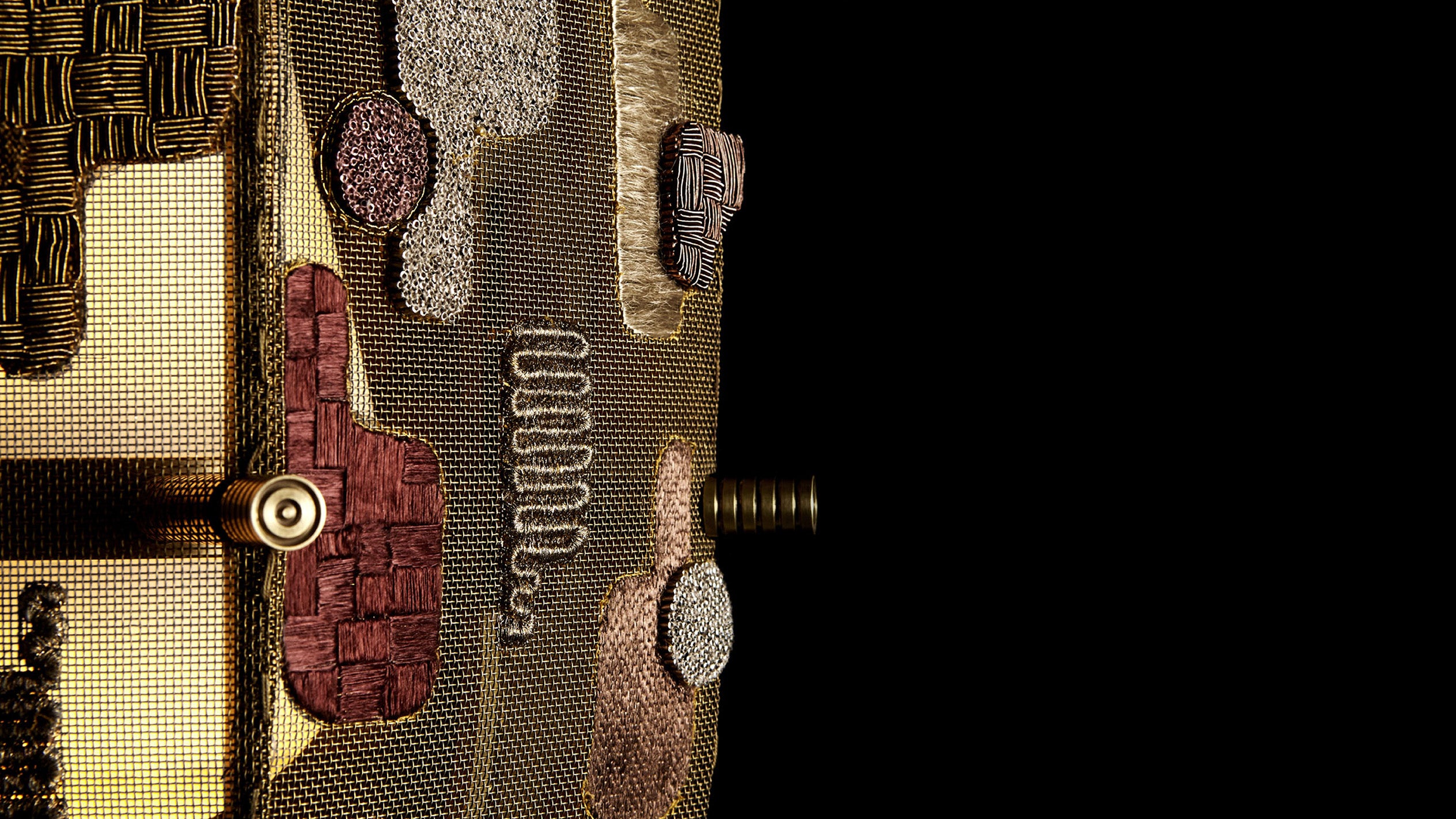 Close up of the INTERLUDE floor lamp showing details of the hand-embroidered shade. 