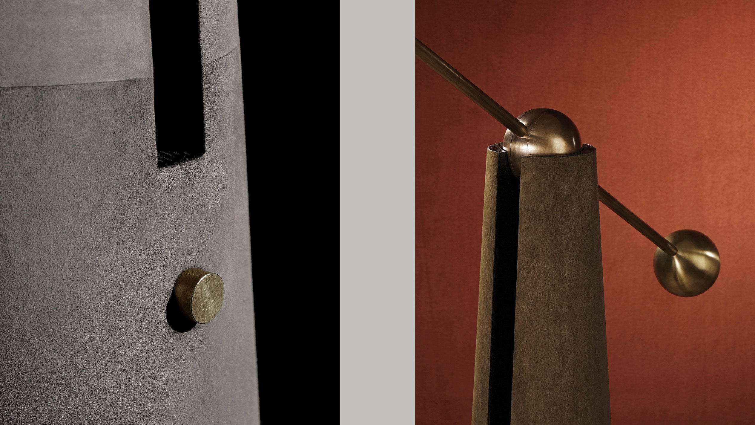 Close ups of the METRONOME reading lamp showing details of the Aged Brass finish, Pewter Suede and Bronze Suede. 