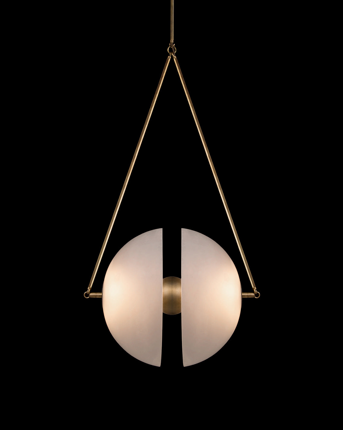 SYNAPSE ceiling pendant in Aged Brass finish, hanging against a black background. 