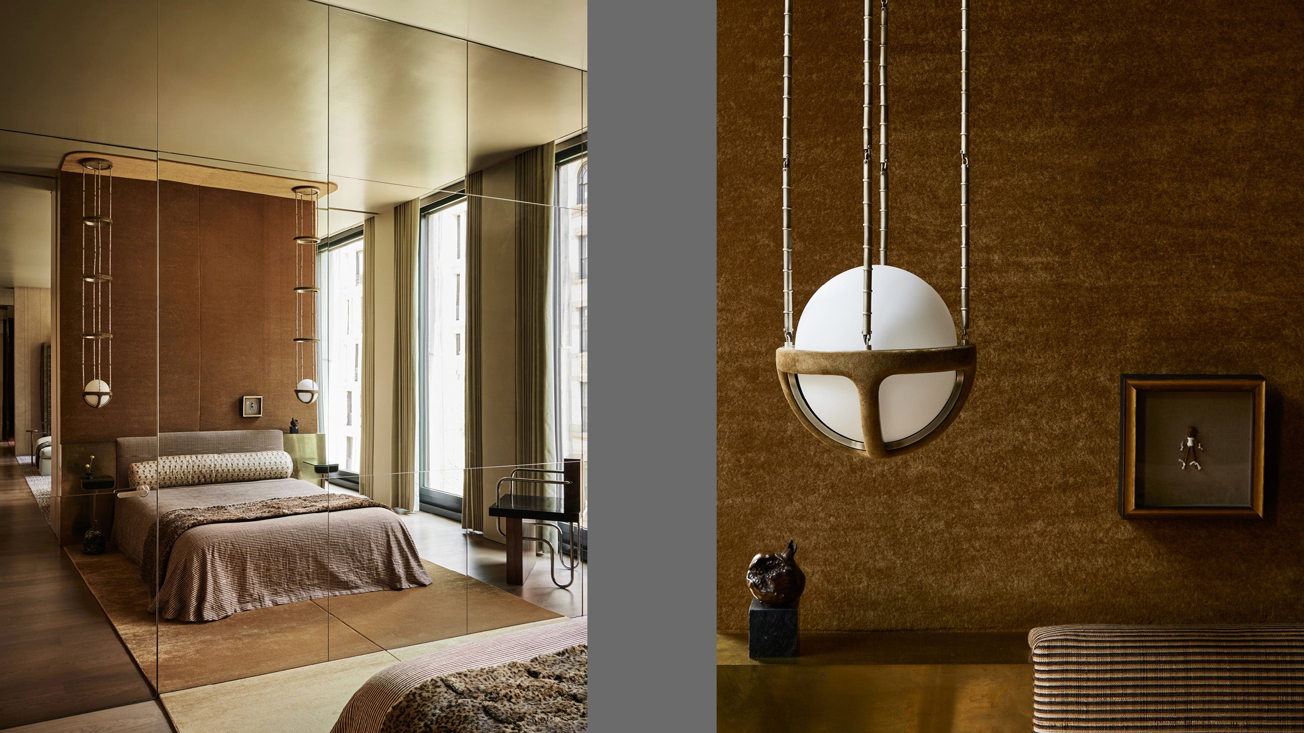 A pair of REPRISE ceiling pendants hanging either side of a bed at the Bond Street residence. 