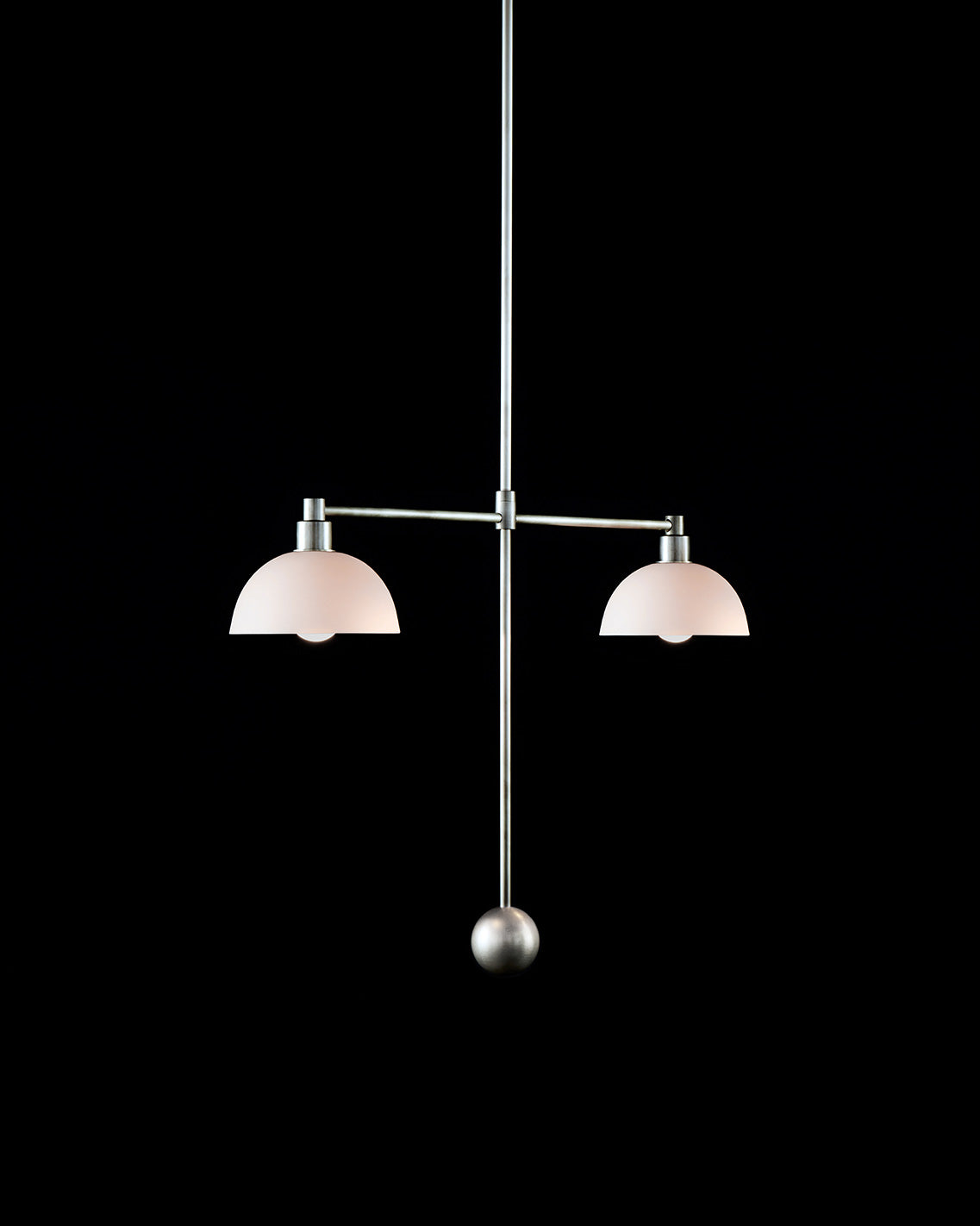TRAPEZE : 2 MOBILE ceiling pendant in Tarnished Silver finish with porcelain bowls, hanging against a black background. 