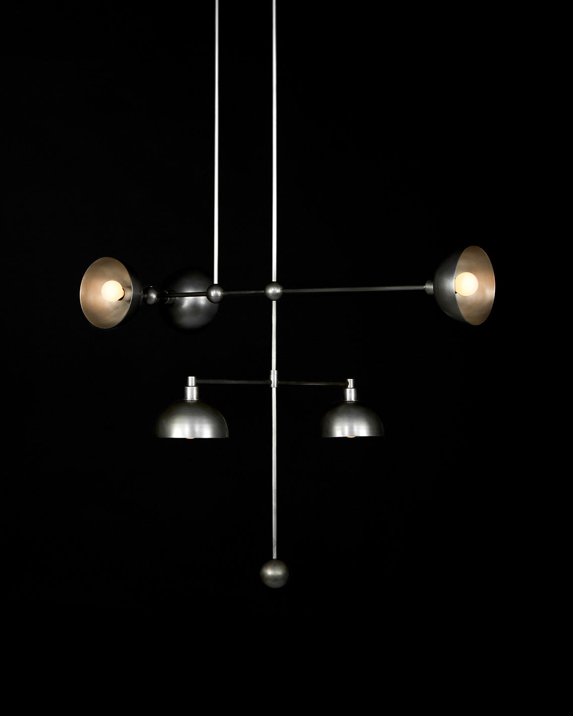 TRAPEZE : 5 MOBILE ceiling pendant in Tarnished Silver finish, hanging against a black background. 
