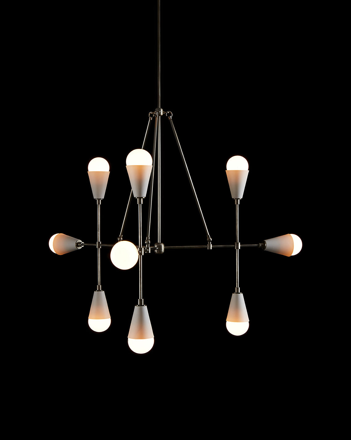 TRIAD : 9 ceiling pendant in Tarnished Silver and Porcelain, hanging against a black background. 