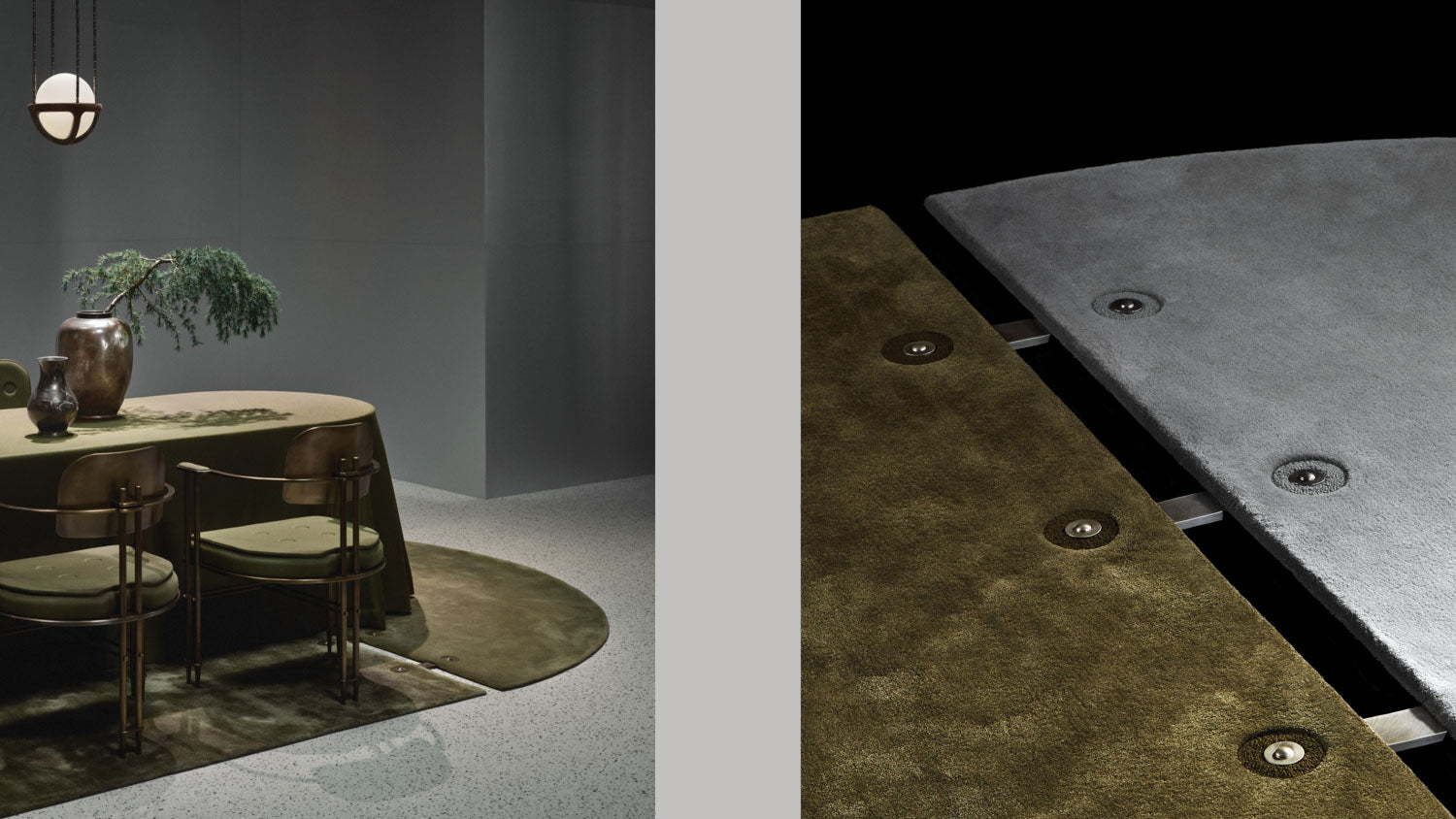 An EPISODE settee and STANDBY side table on top of a SEQUENCE rug, alongside a close up image of the modular rug system. 