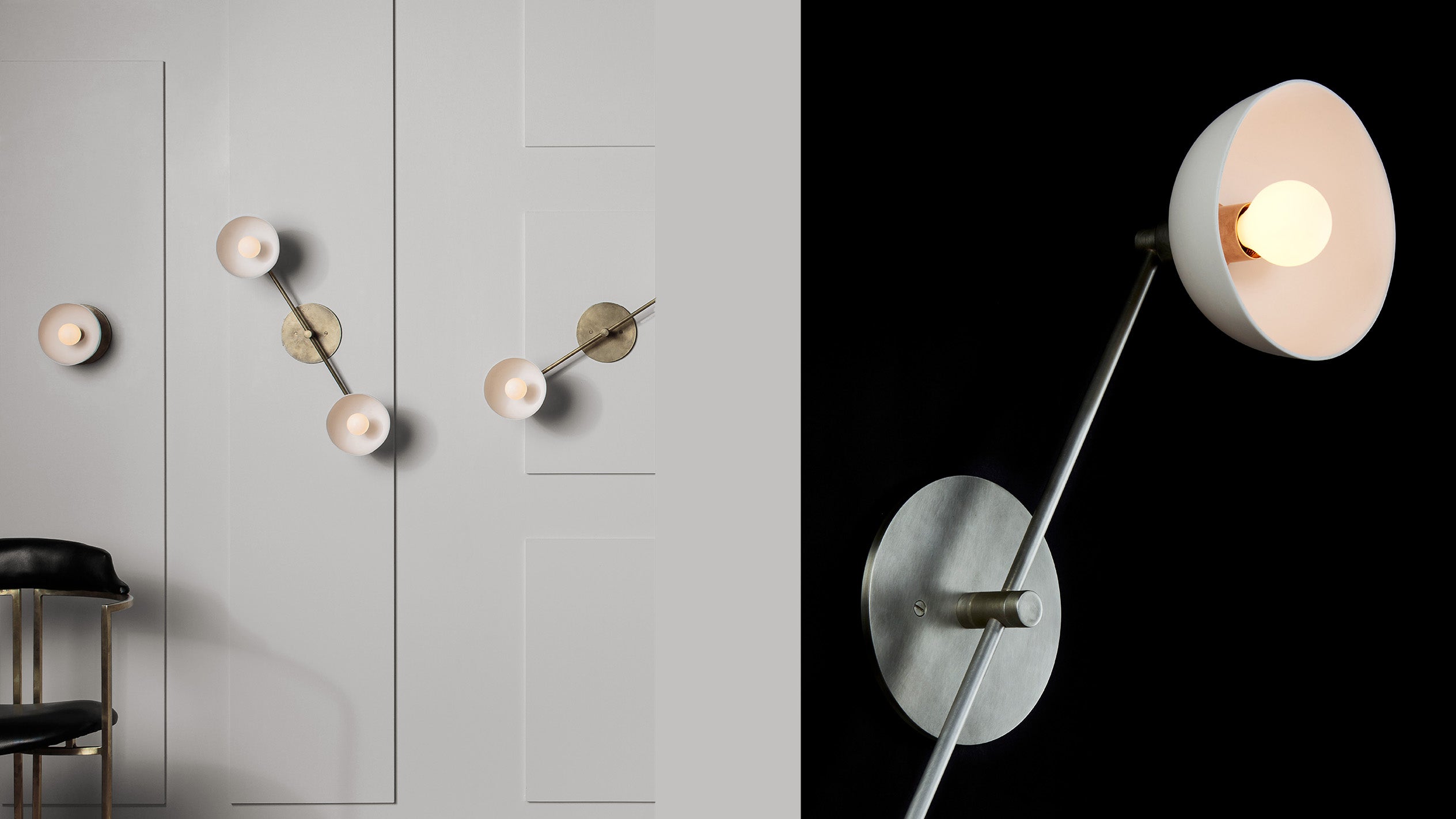 Two TRAPEZE : 2 surface lights are mounted at 45 degree angles on a white paneled wall, alongside a close up image of a surface mounted light in Tarnished Silver with Porcelain bowls. 