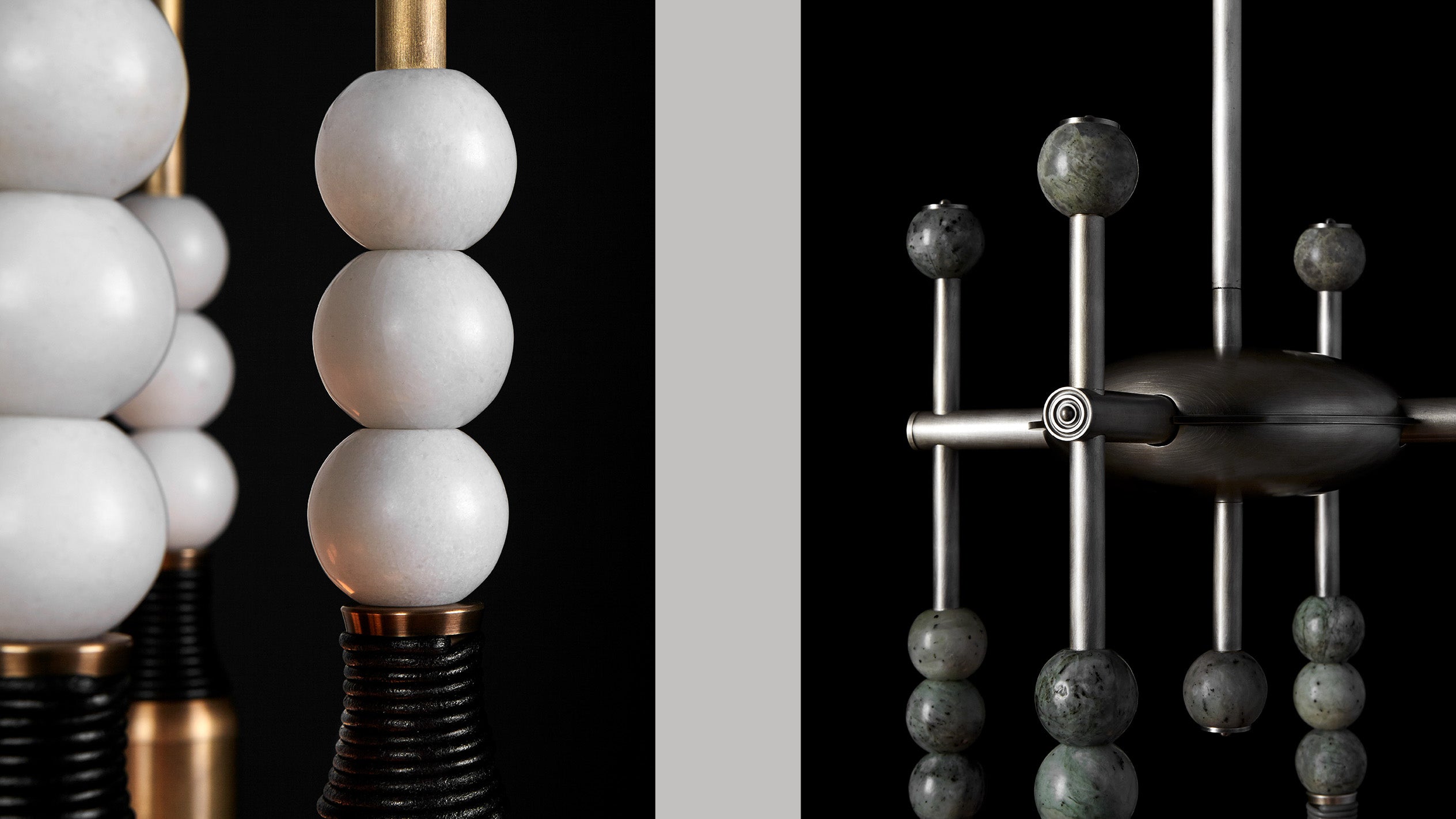 Close ups of the TALISMAN : 4 chandelier showing details of the Aged Brass finish, White Jade stone, Black Leather, Jade stone and Tarnished Silver finish. 