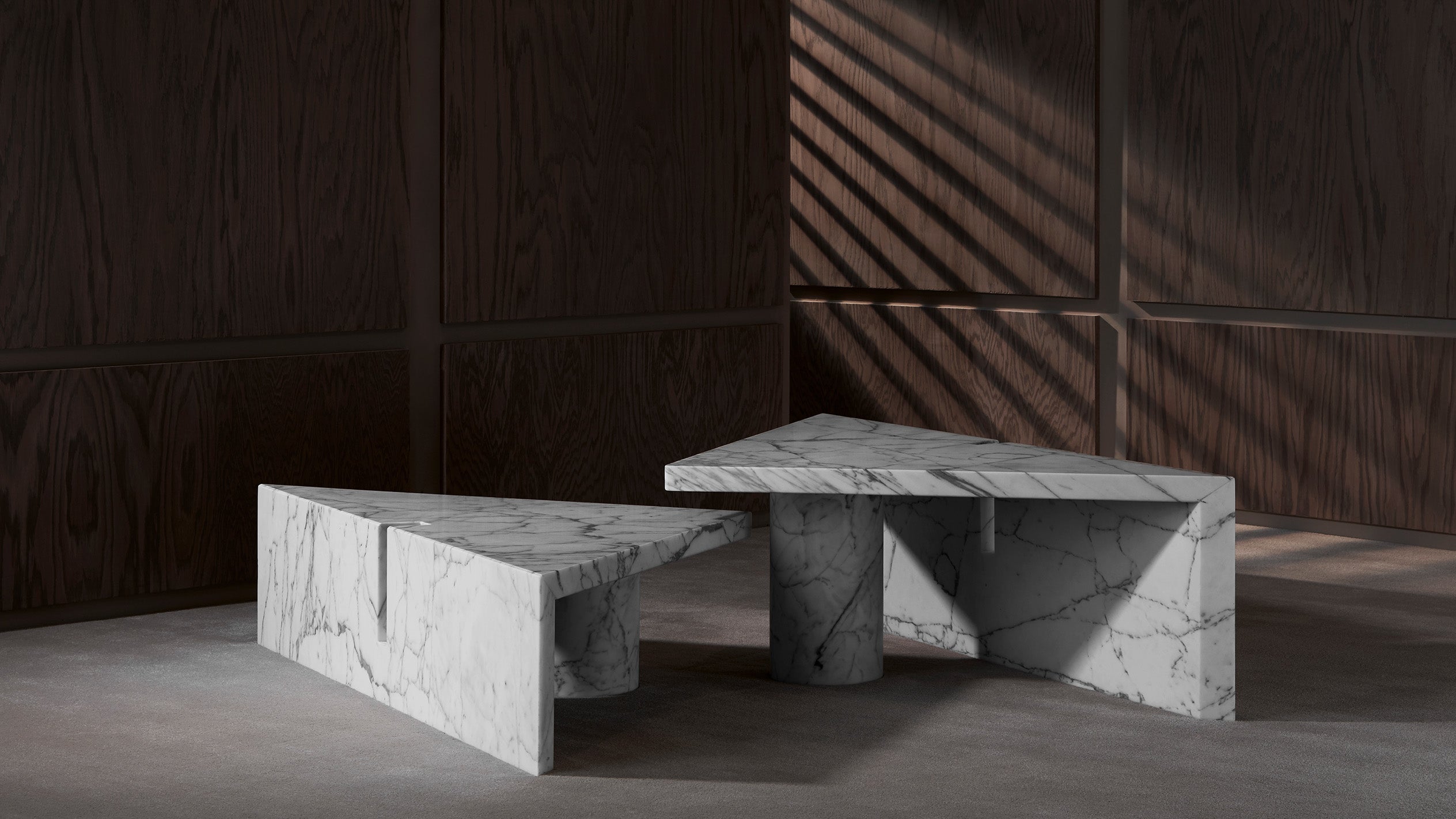 Modular PORTAL coffee table in Bianco Arabescato Marble. 