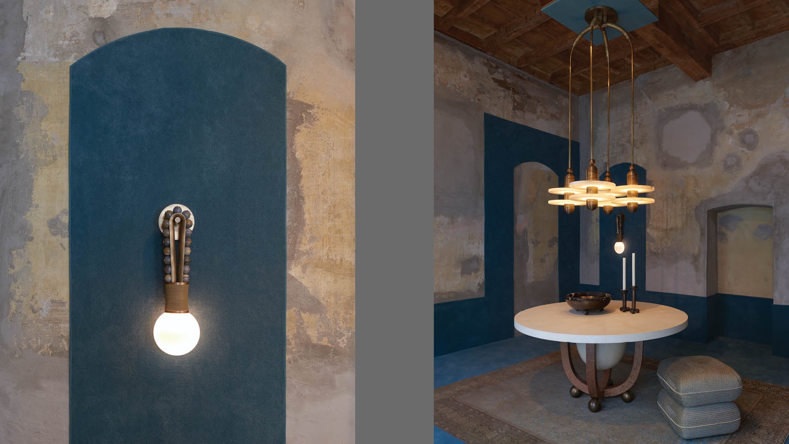 The TALISMAN loop sconce, alongside an image of the MEDIAN : 4 ceiling pendant hanging over a circular table. 