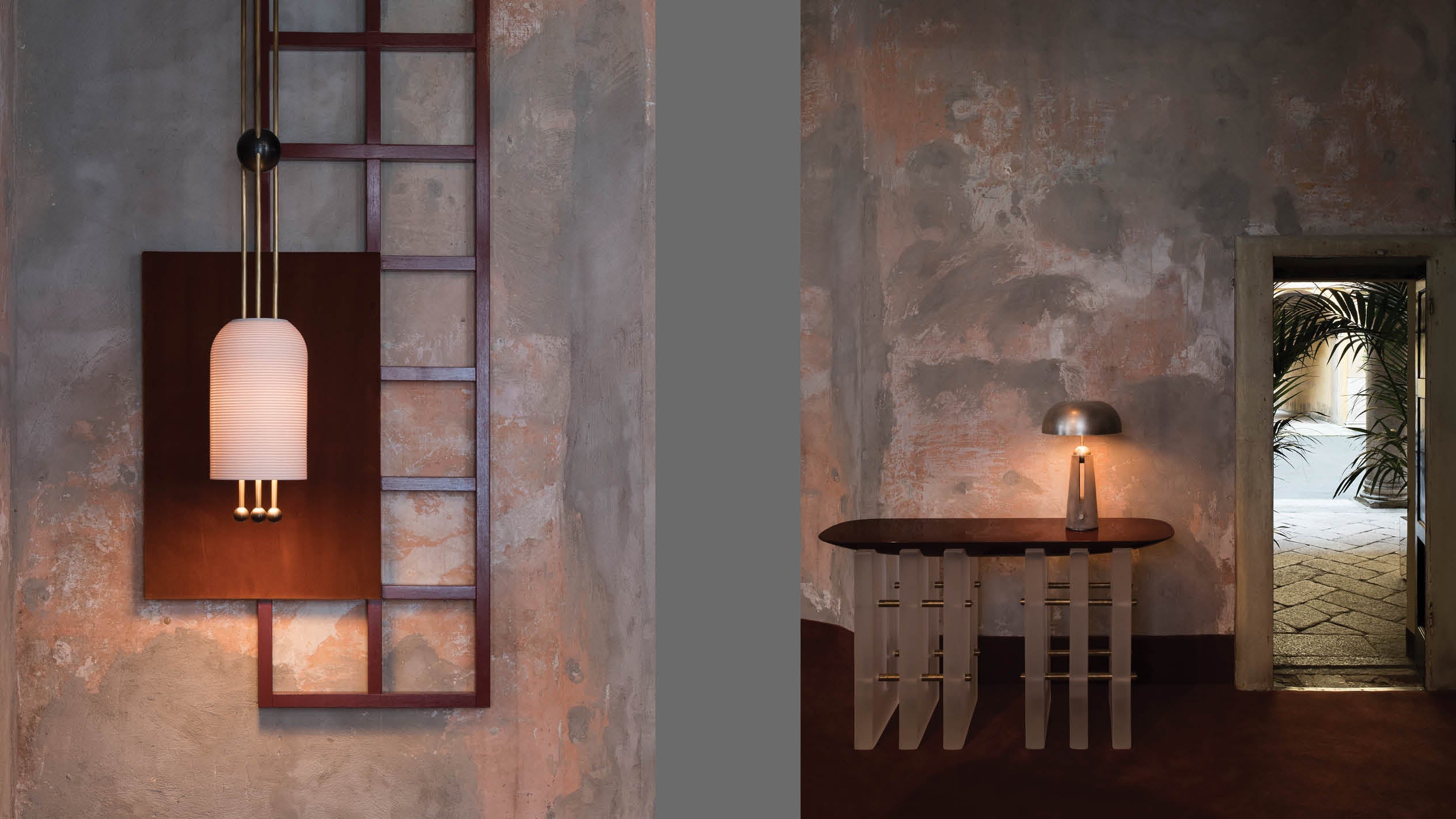 A LANTERN : 1 ceiling pendant, alongside an image of a METRONOME table lamp on a SEGMENT console table.